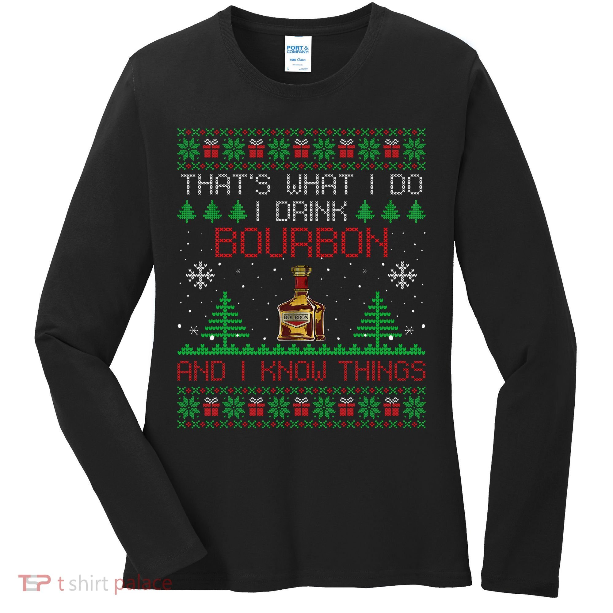 Gift For Bourbon Lover Funny Bourbon Ugly Christmas Women's Long Sleeve Shirt