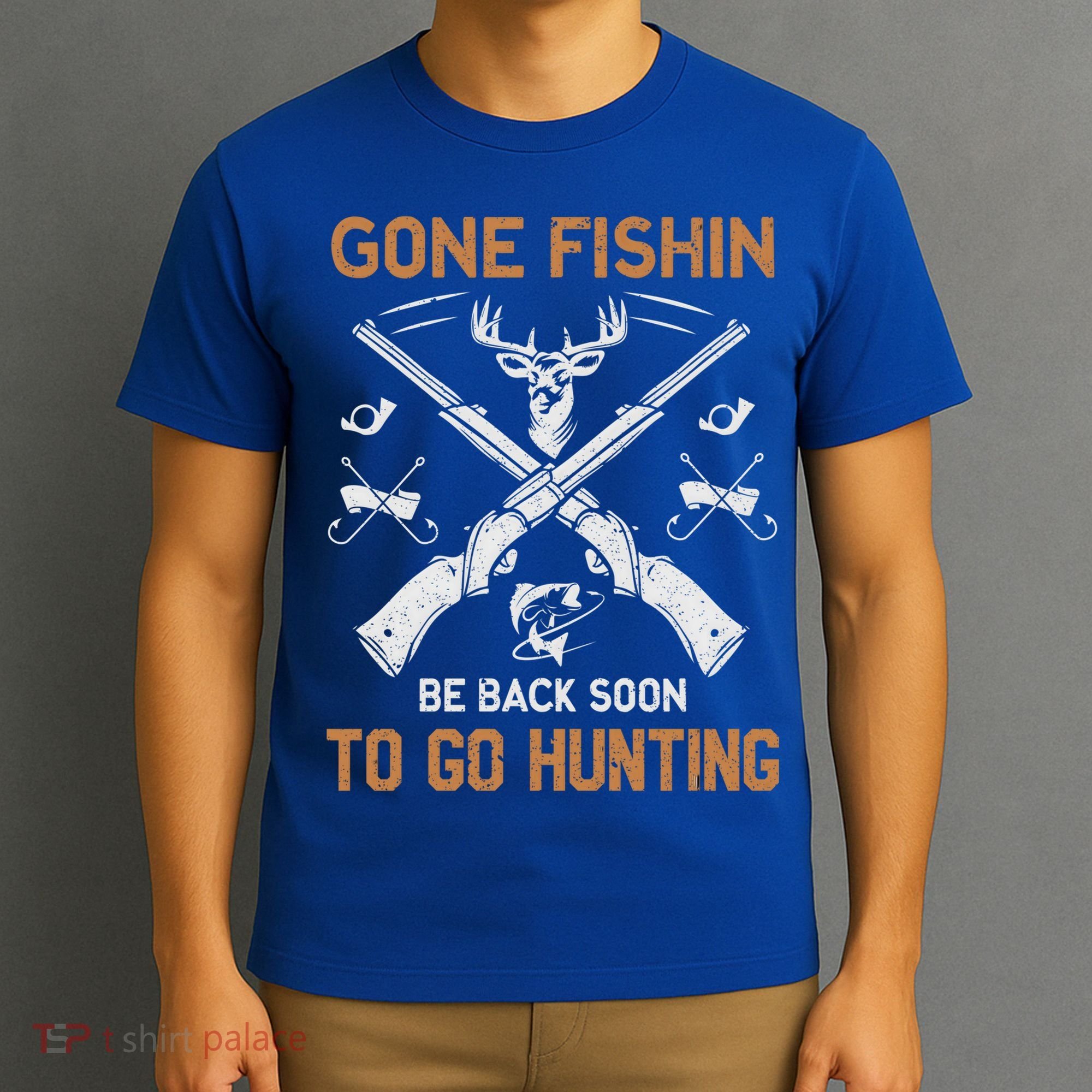 Gone Fishin Be Back Soon To Go Hunting Vintage Funny Gift T-Shirt