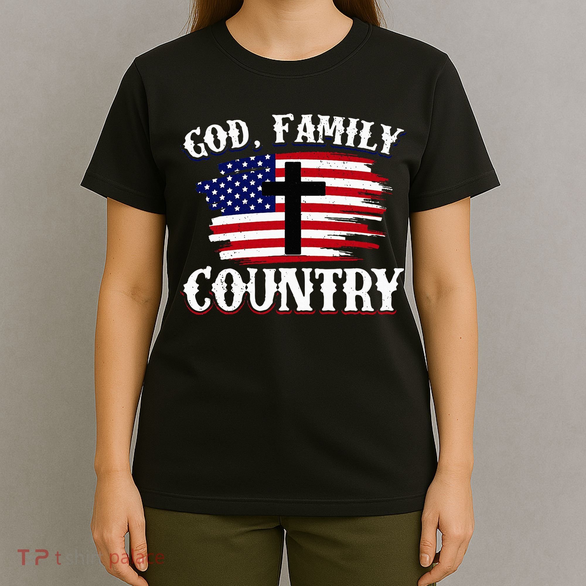 God Family Country American Flag Cross Christian Patriotic T-Shirt