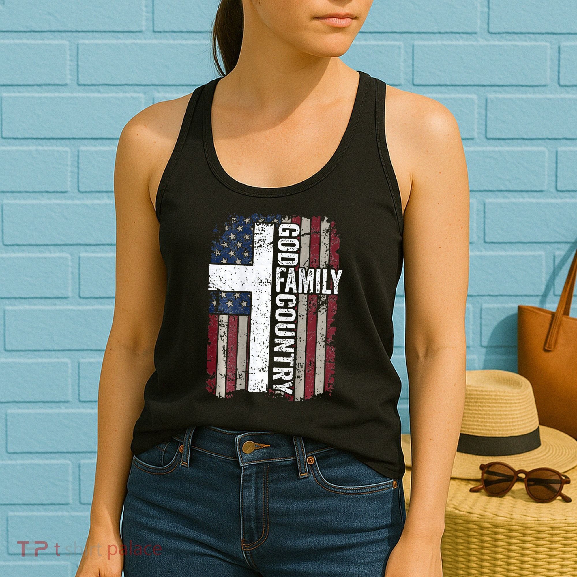 God Family Country Patriotic Christian Cross USA Women's Tank Top
