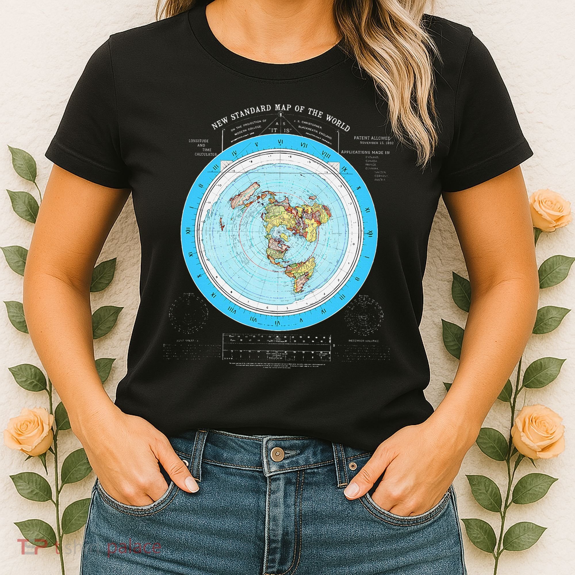Gleason Flat Earth Map Blue Flat Earth Map Flat Earth Women's T-Shirt