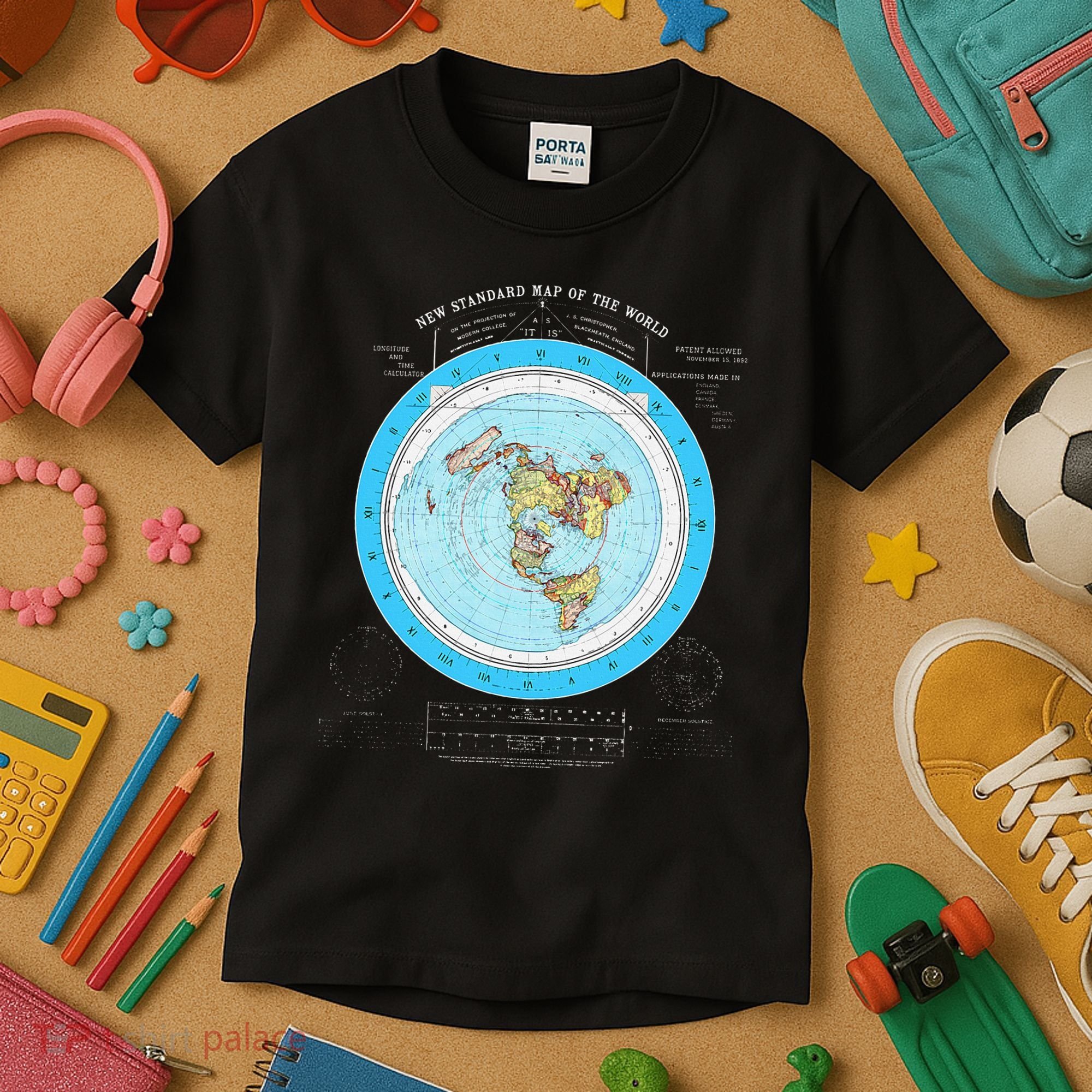 Gleason Flat Earth Map Blue Flat Earth Map Flat Earth Kids T-Shirt