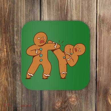 Gingerbread Fight Funny Holiday Coaster