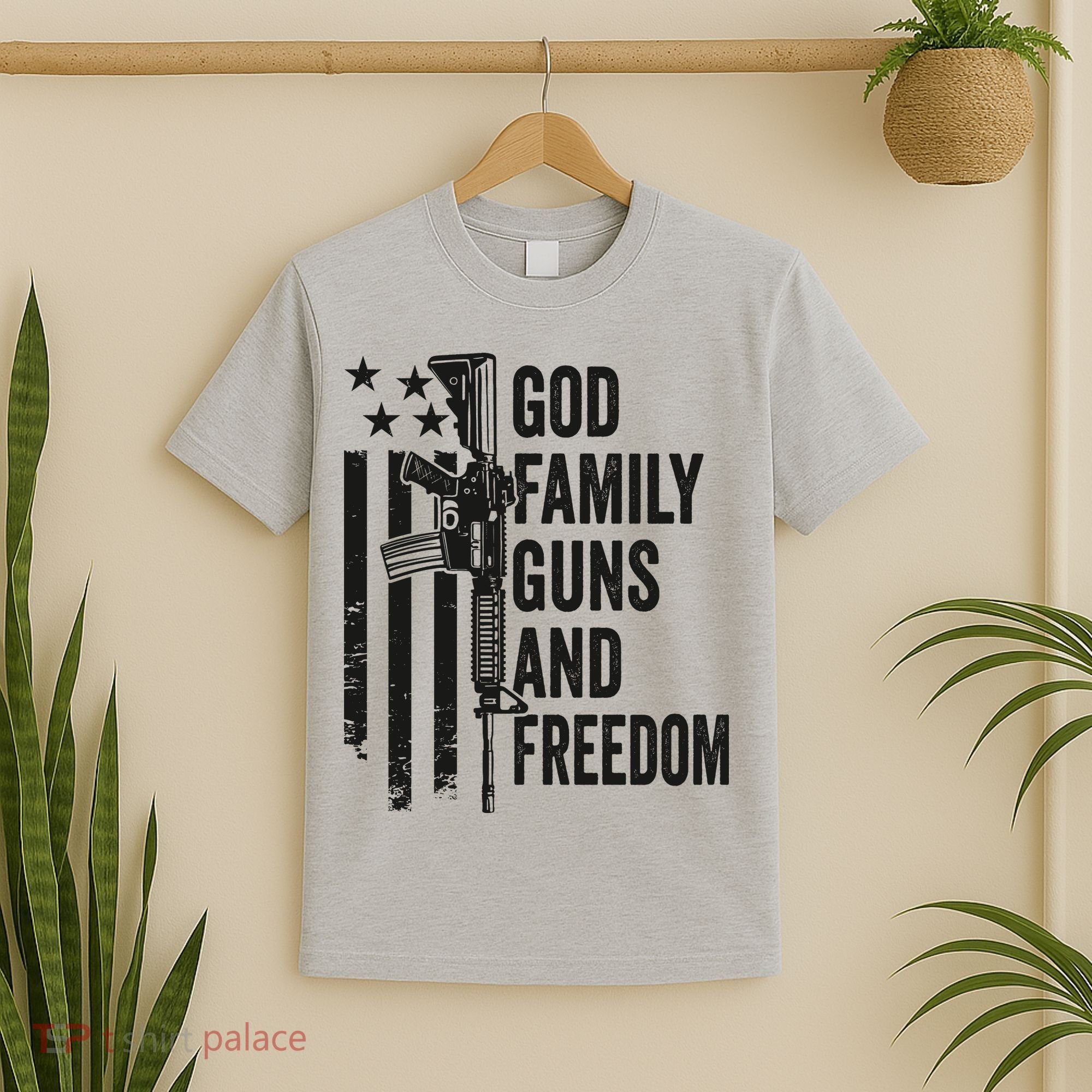 GOD FAMILY GUNS FREEDOM Gun Rights Faith Jesus Camo T-Shirt