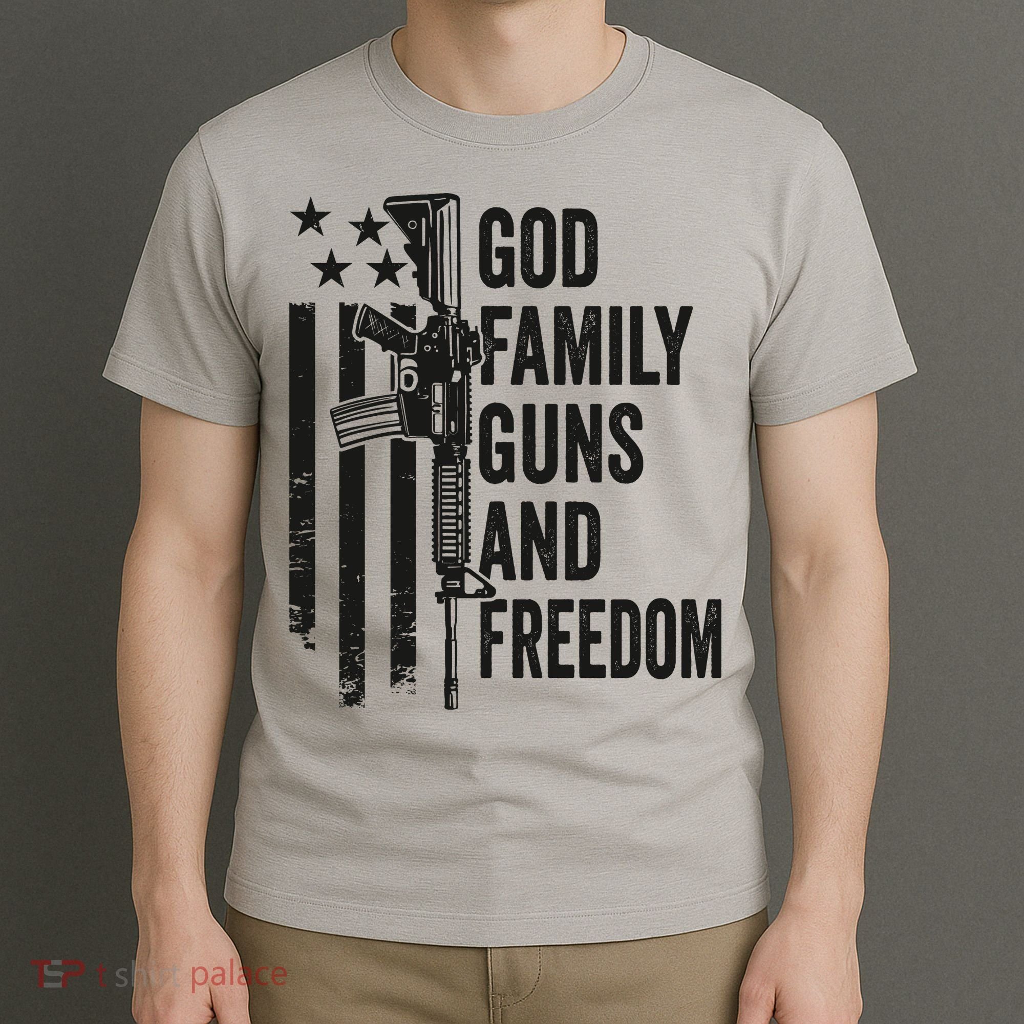 GOD FAMILY GUNS FREEDOM Gun Rights Faith Jesus Camo T-Shirt