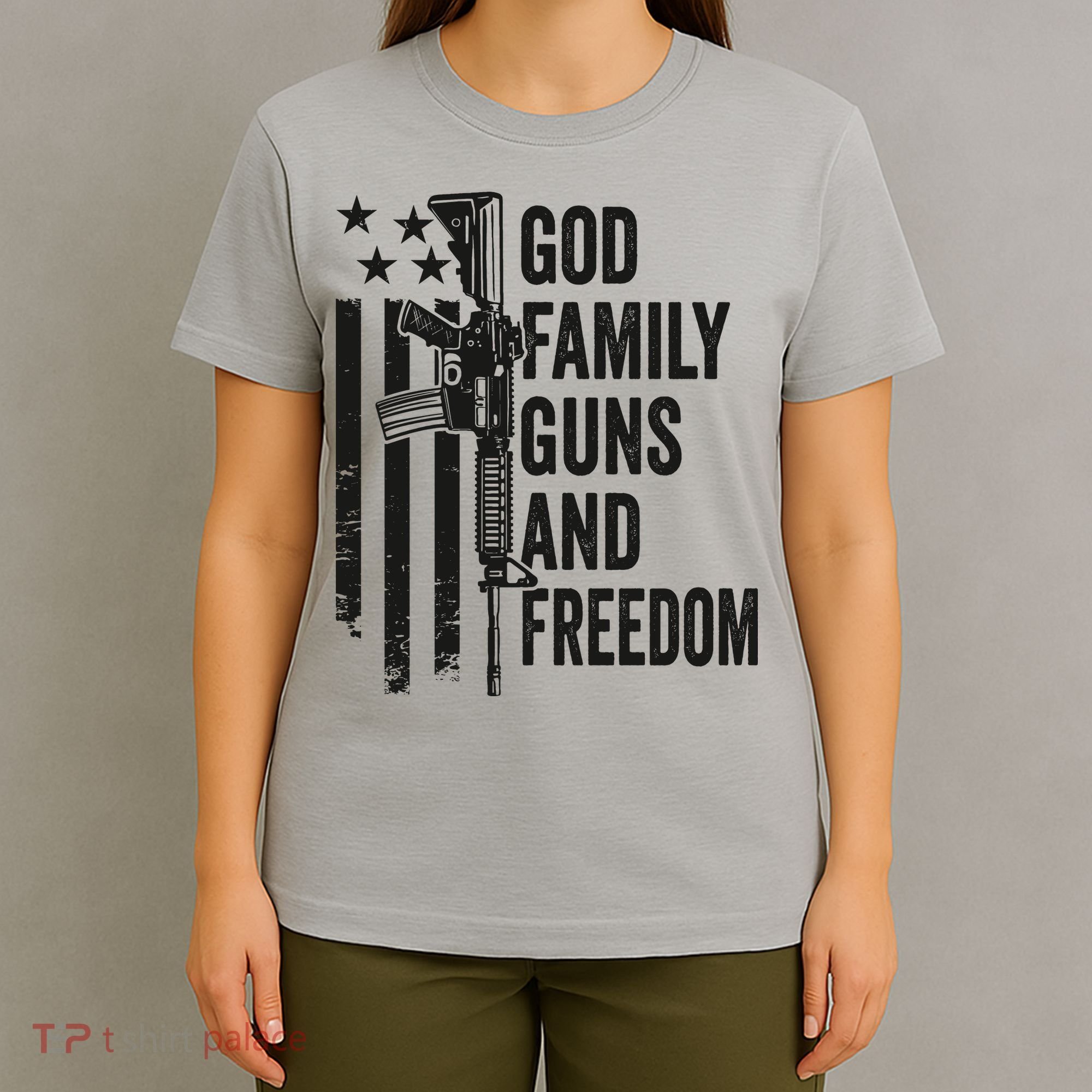 GOD FAMILY GUNS FREEDOM Gun Rights Faith Jesus Camo T-Shirt