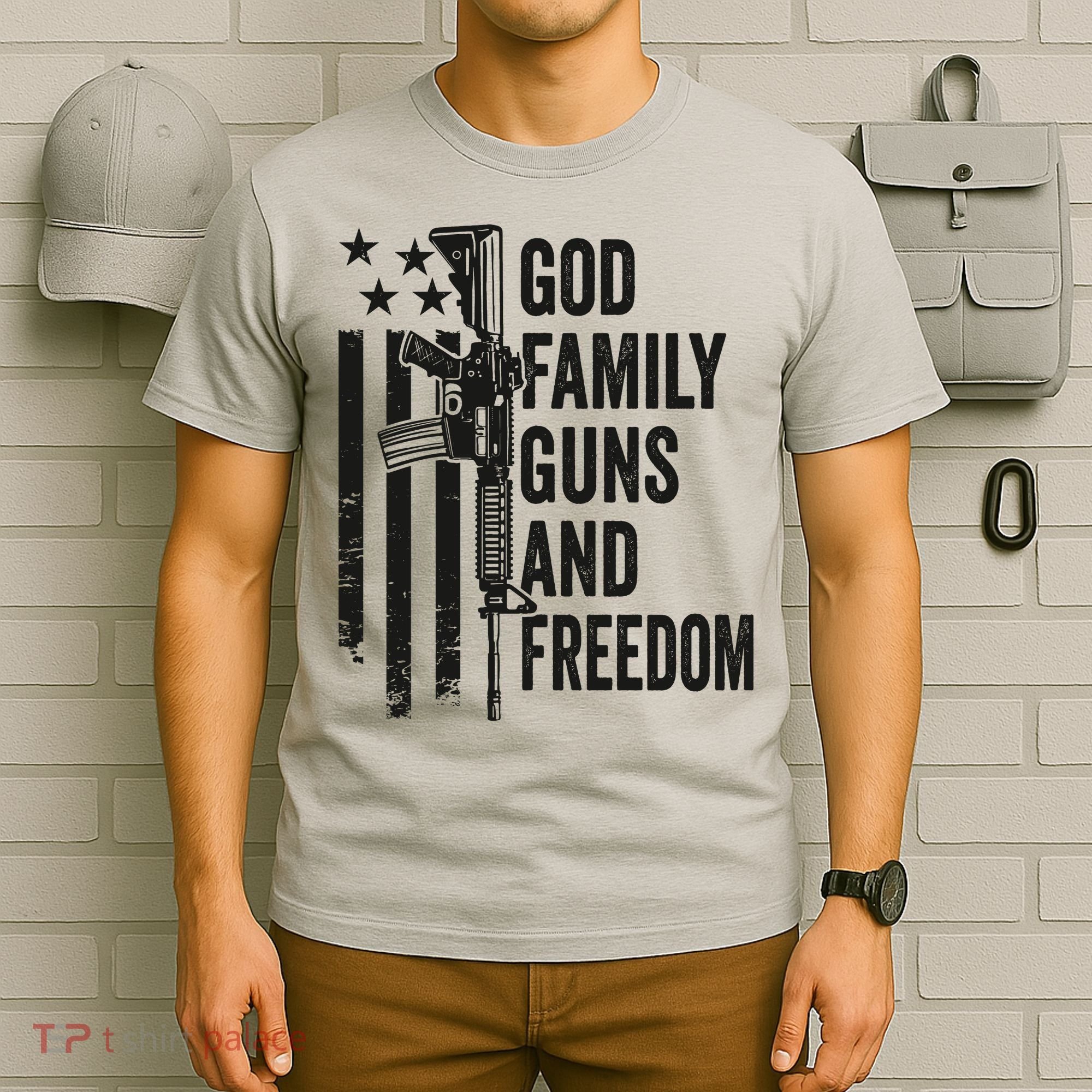 GOD FAMILY GUNS FREEDOM Gun Rights Faith Jesus Camo T-Shirt
