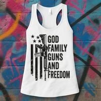 GOD FAMILY GUNS FREEDOM Gun Rights Faith Jesus Camo Women's Tank Top thumb 3
