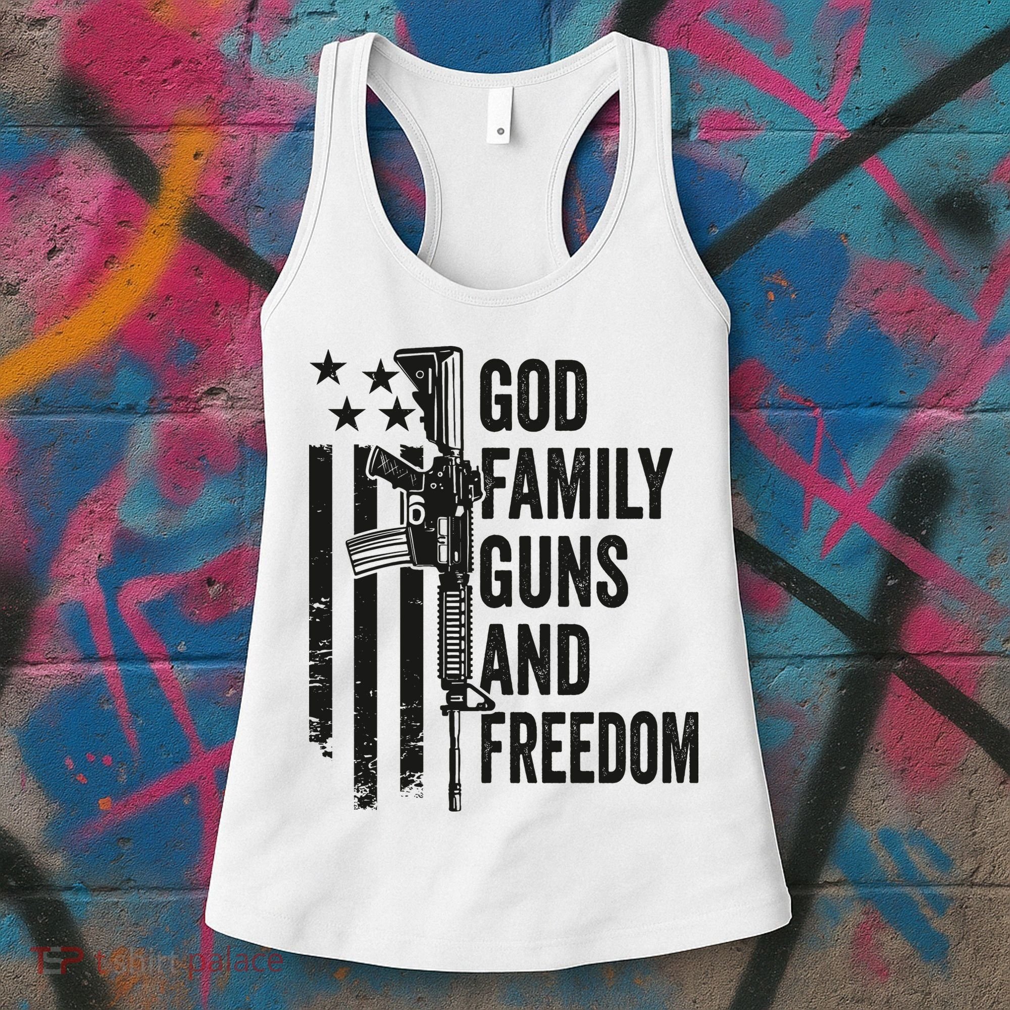 GOD FAMILY GUNS FREEDOM Gun Rights Faith Jesus Camo Women's Tank Top