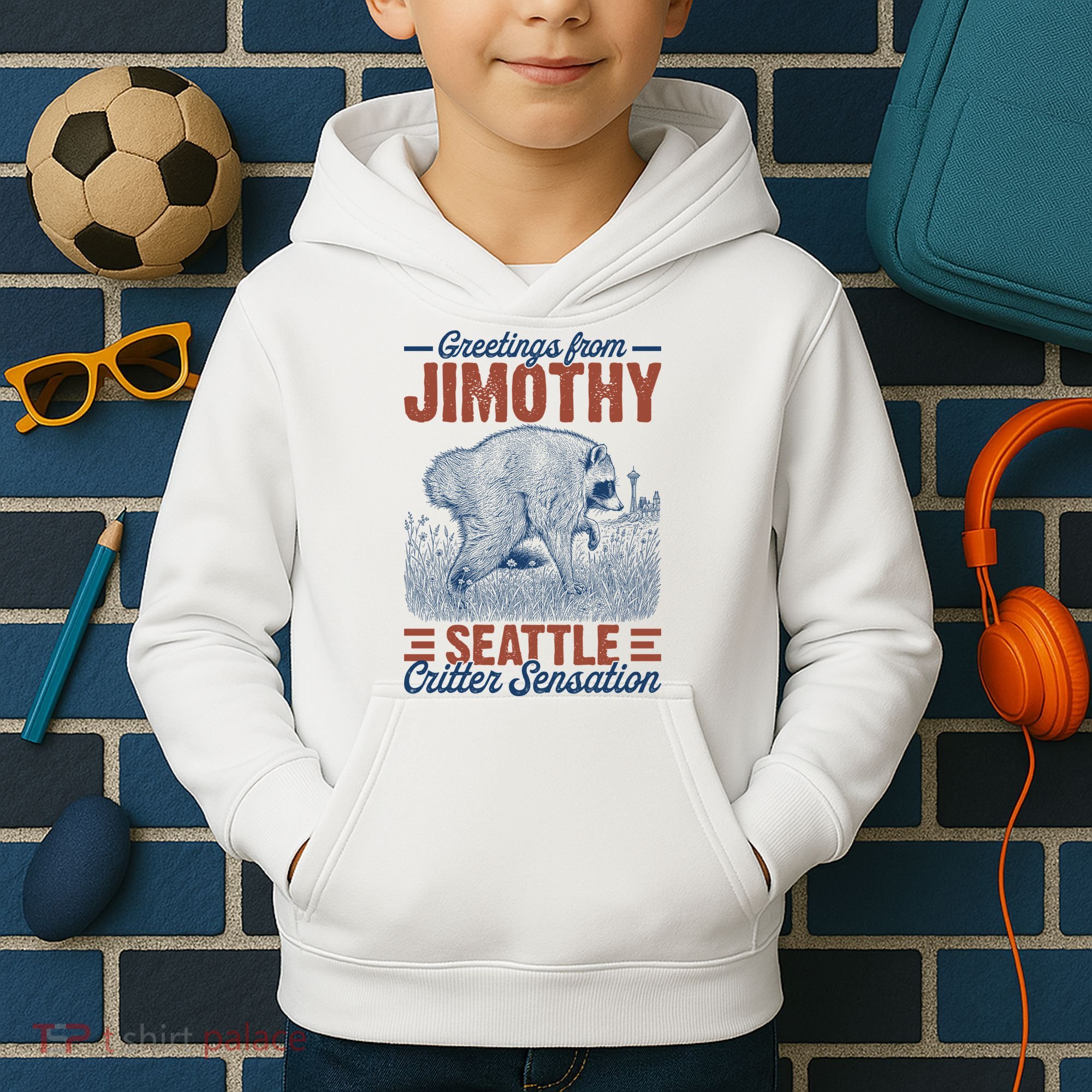 Greetings From Jimothy Seattle Critter Raccoon Kids Hoodie
