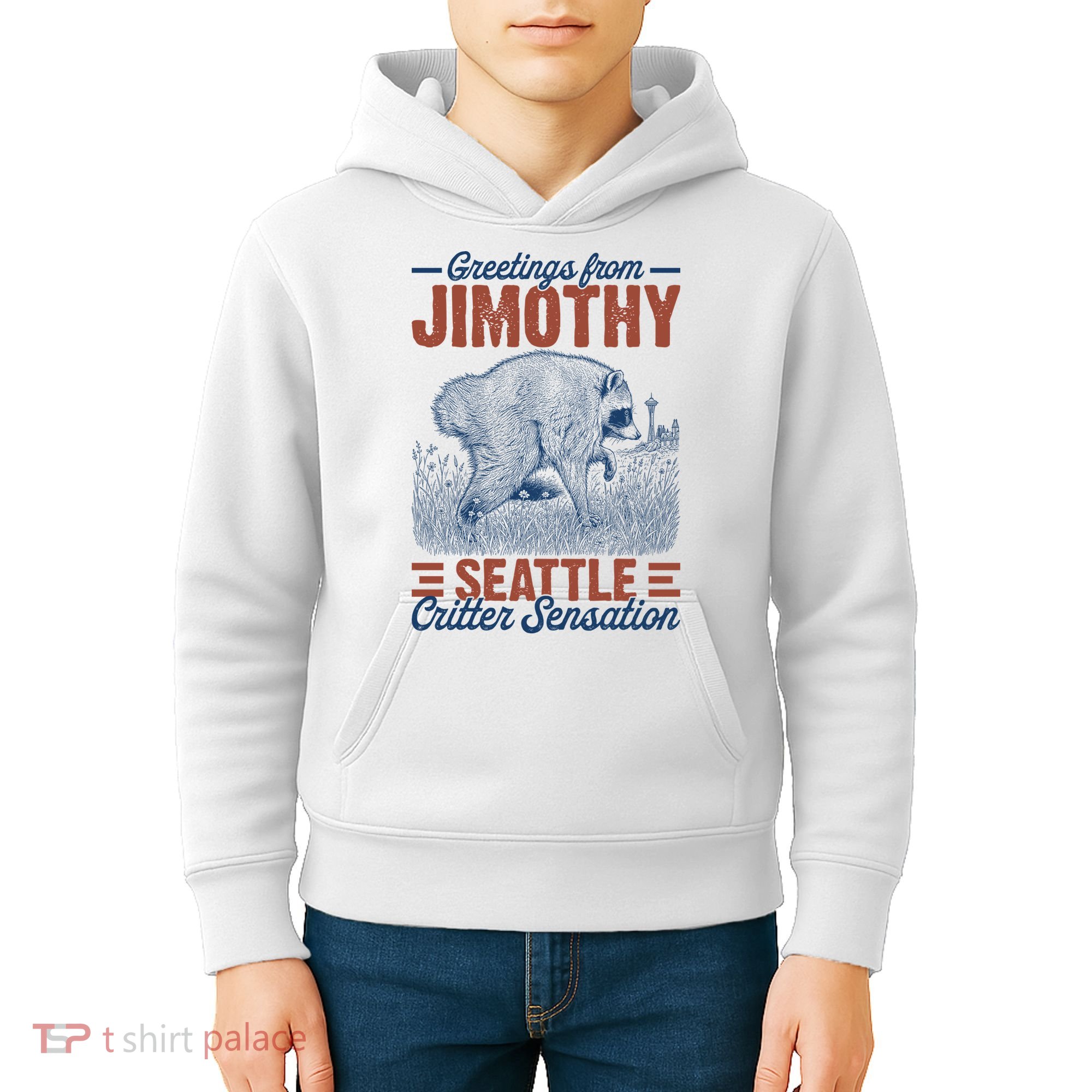 Greetings From Jimothy Seattle Critter Raccoon Kids Hoodie
