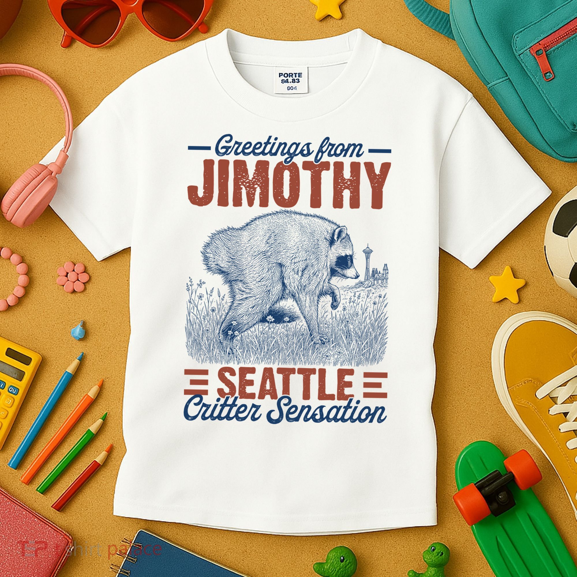 Greetings From Jimothy Seattle Critter Raccoon Kids T-Shirt
