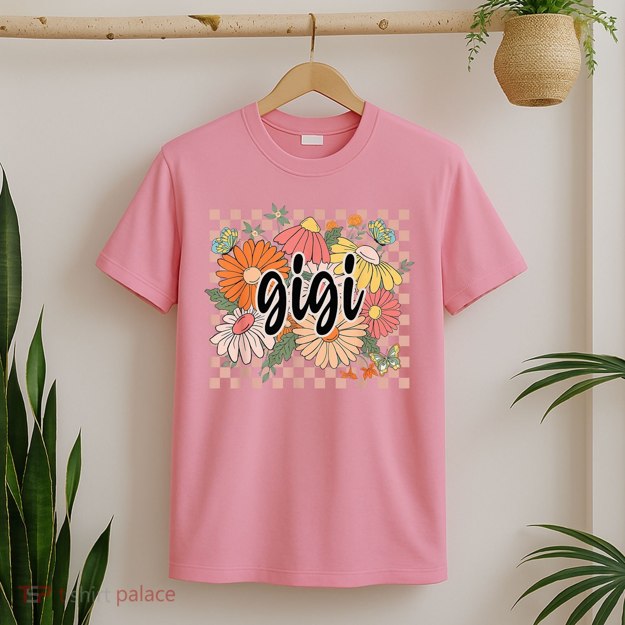 Gigi Floral Mother'S Day Wildflower Girl Checkered T-Shirt