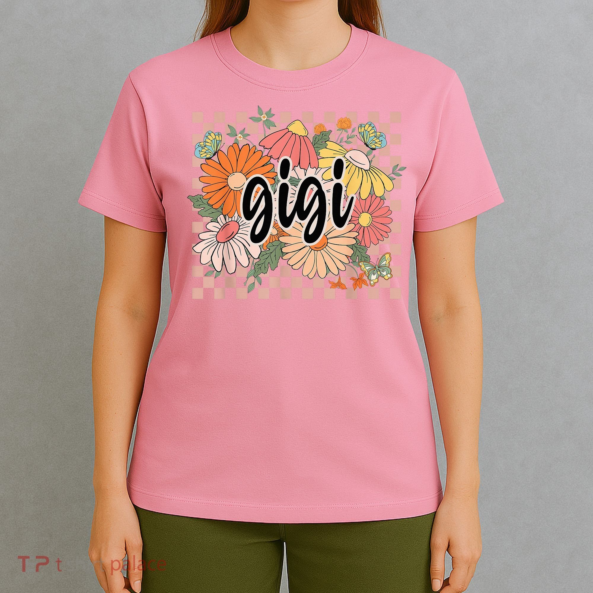 Gigi Floral Mother'S Day Wildflower Girl Checkered T-Shirt