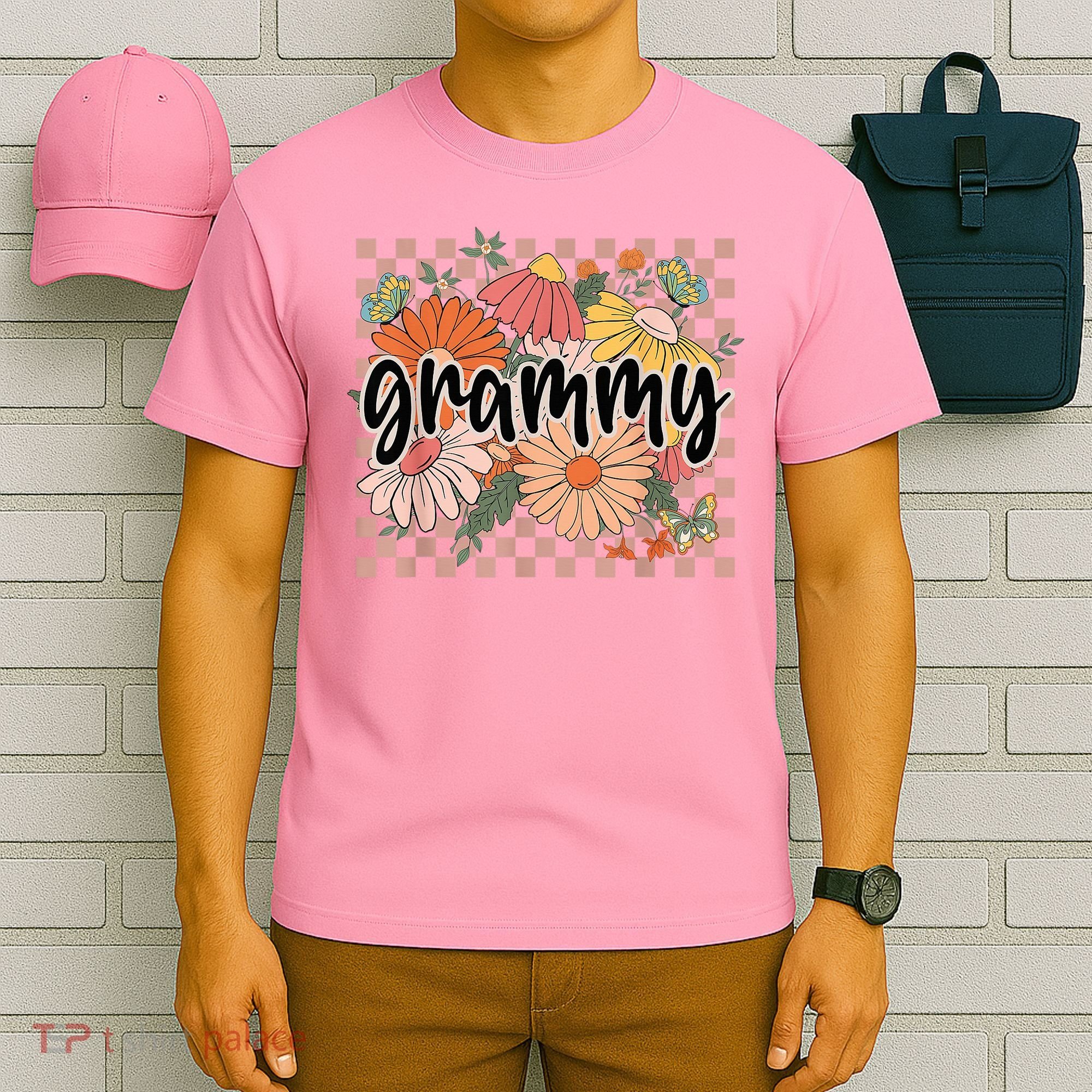 Grammy Floral Mother'S Day Wildflower Girl Checkered T-Shirt