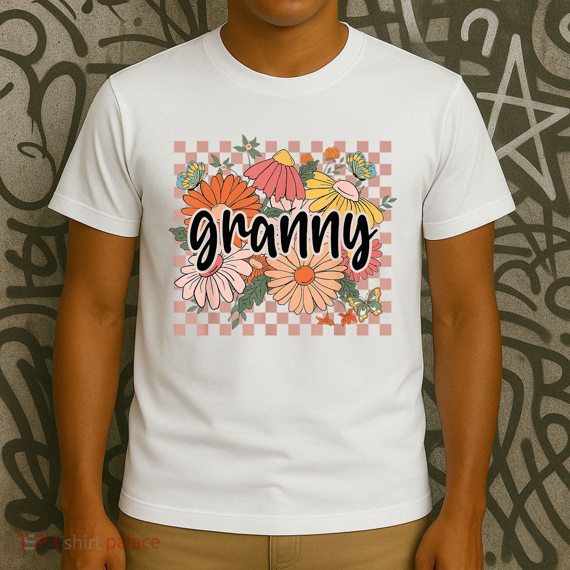 Granny Floral Mother'S Day Wildflower Girl Checkered T-Shirt