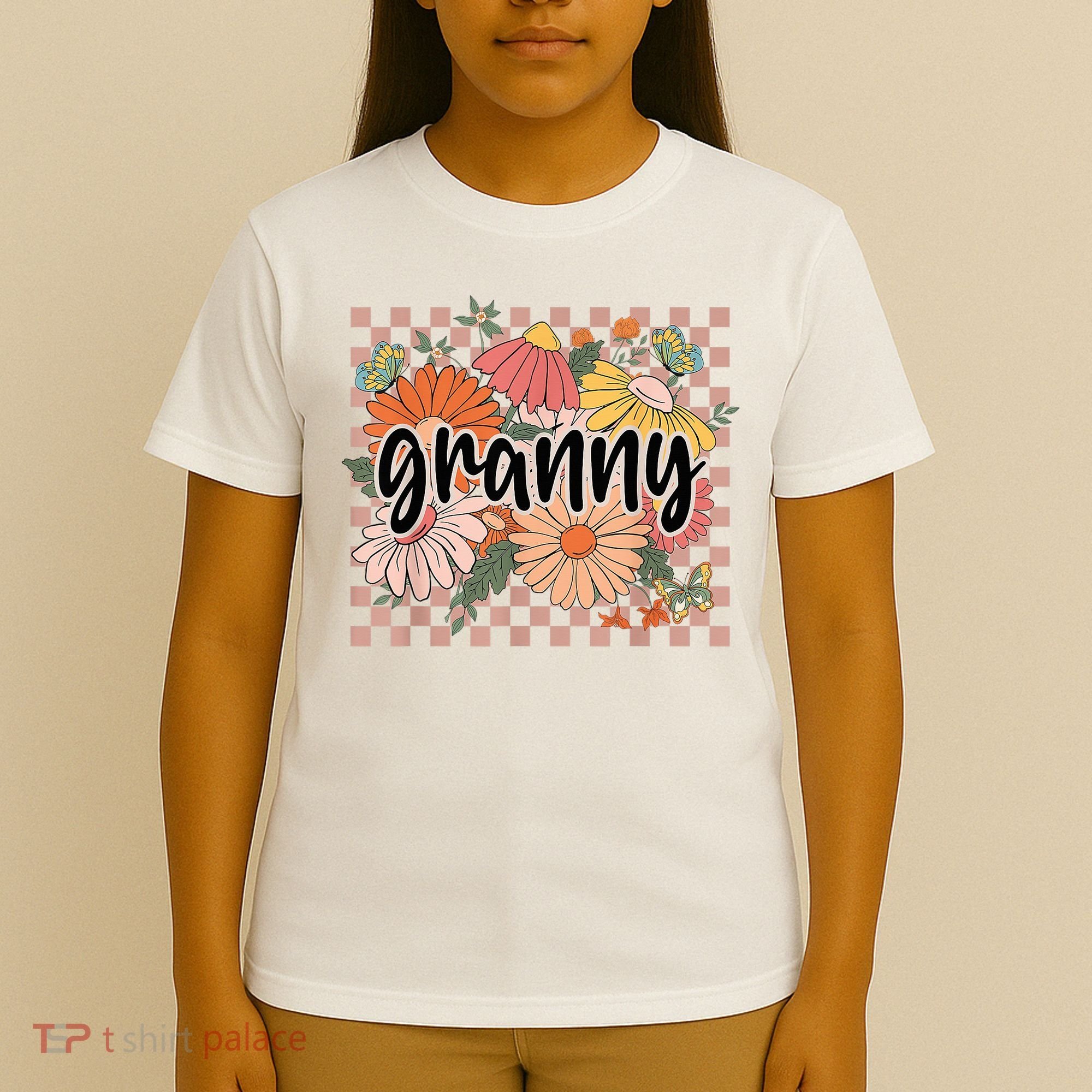 Granny Floral Mother'S Day Wildflower Girl Checkered T-Shirt
