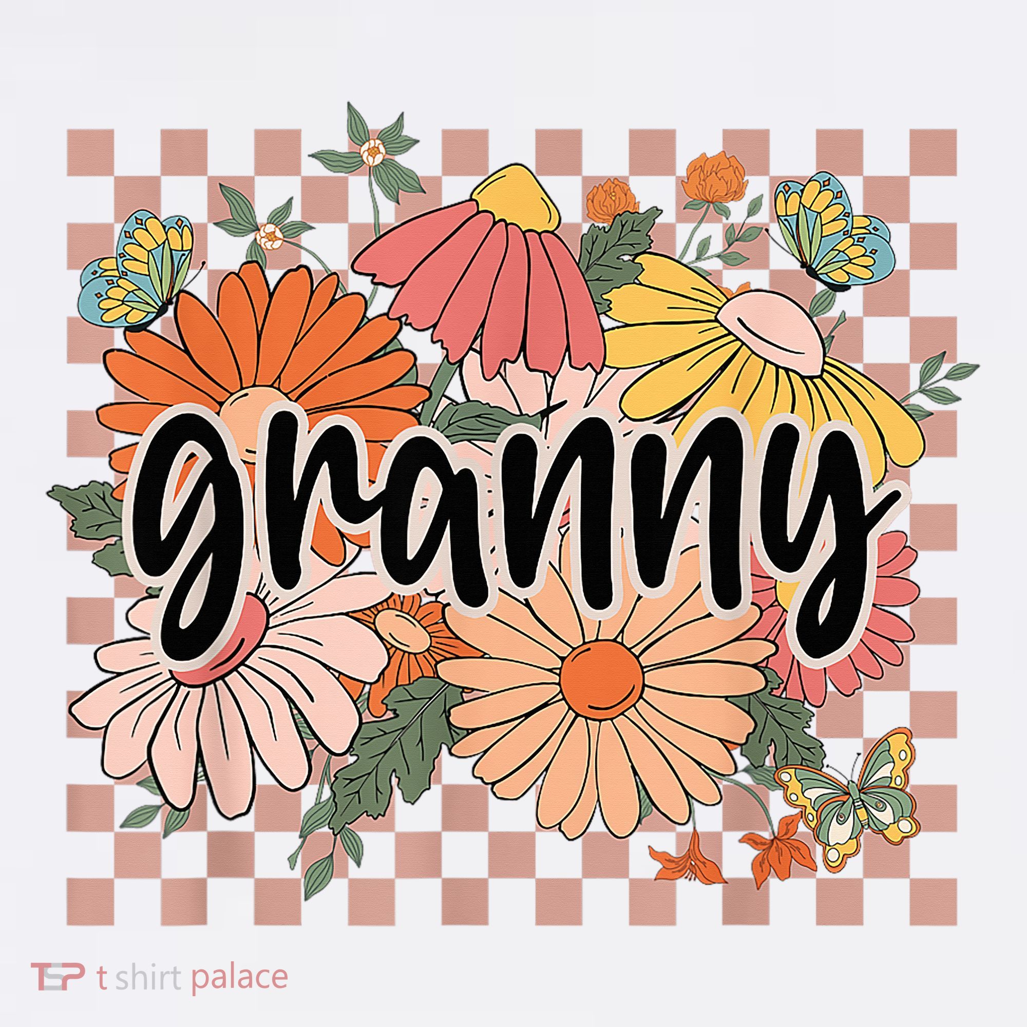 Granny Floral Mother'S Day Wildflower Girl Checkered T-Shirt