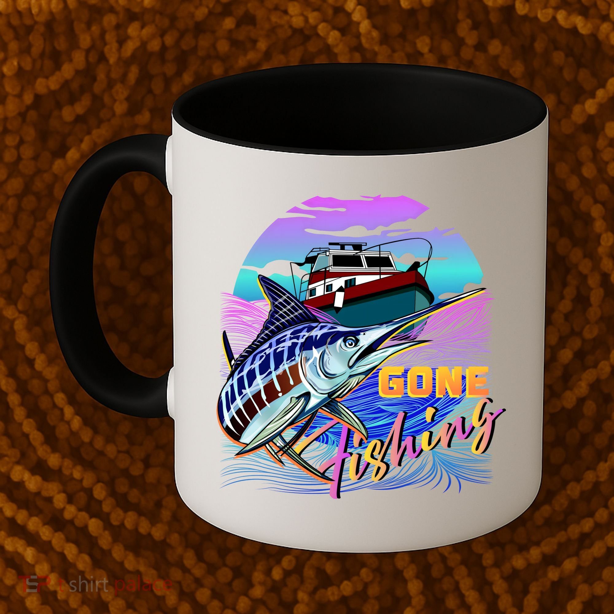 Gone Fishing Marlin Boat Coffee Mug