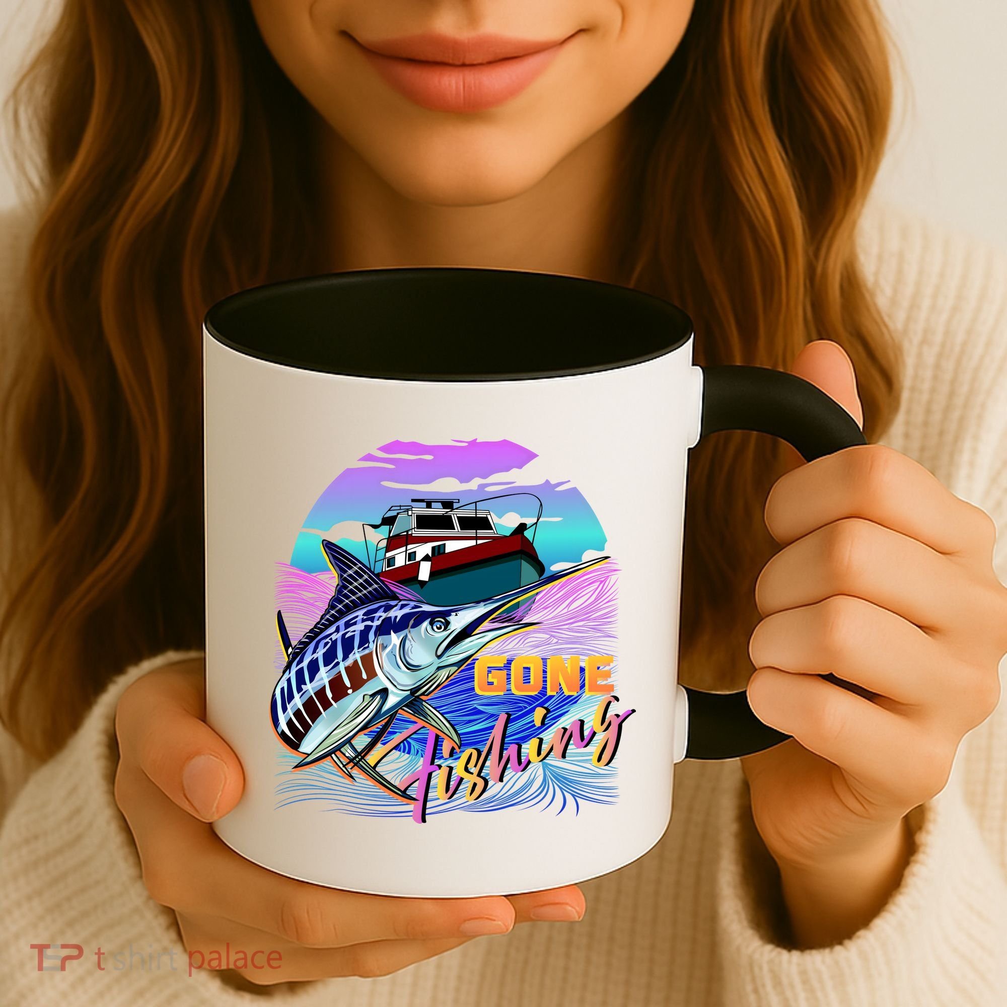 Gone Fishing Marlin Boat Coffee Mug