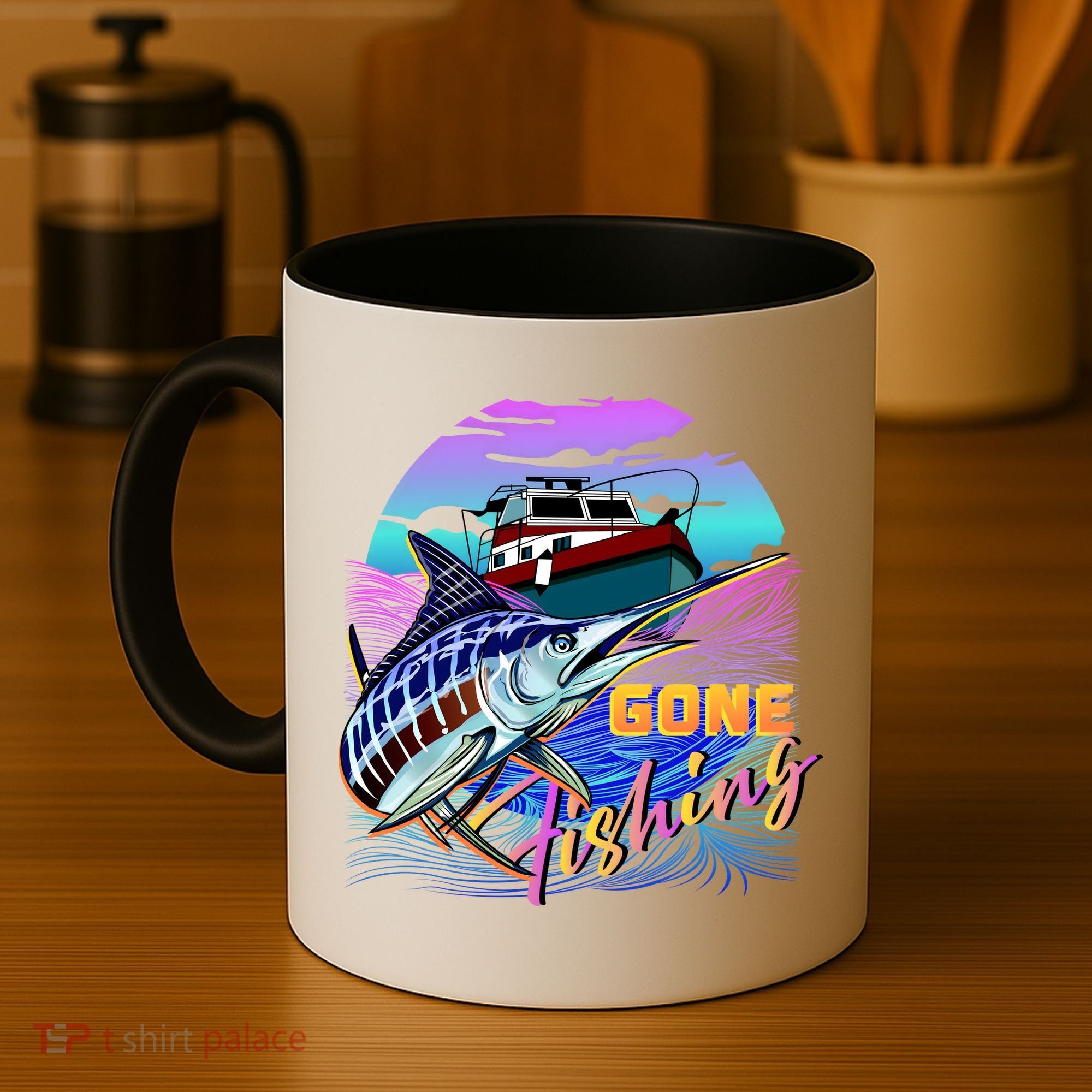 Gone Fishing Marlin Boat Coffee Mug