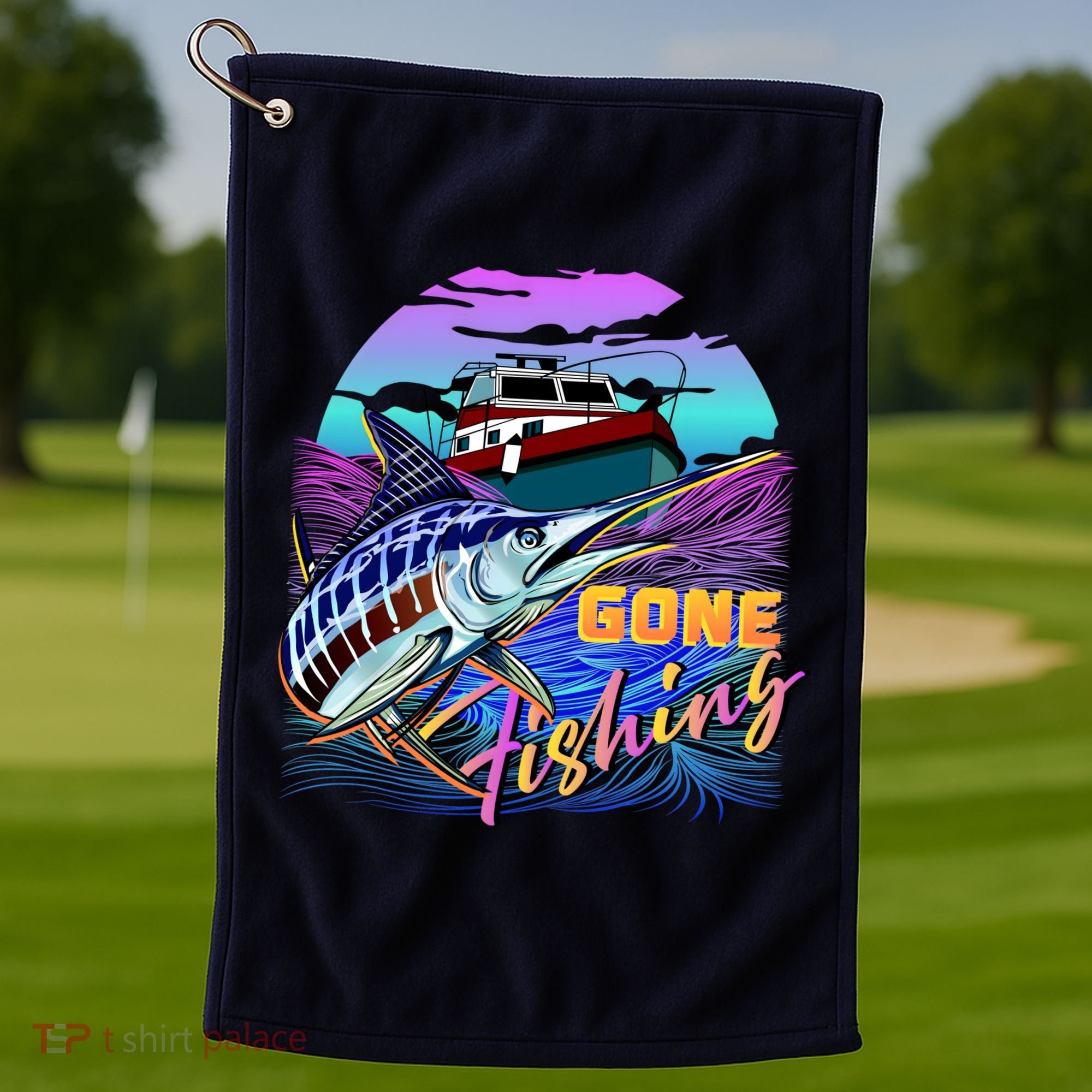Gone Fishing Marlin Boat Golf Towel