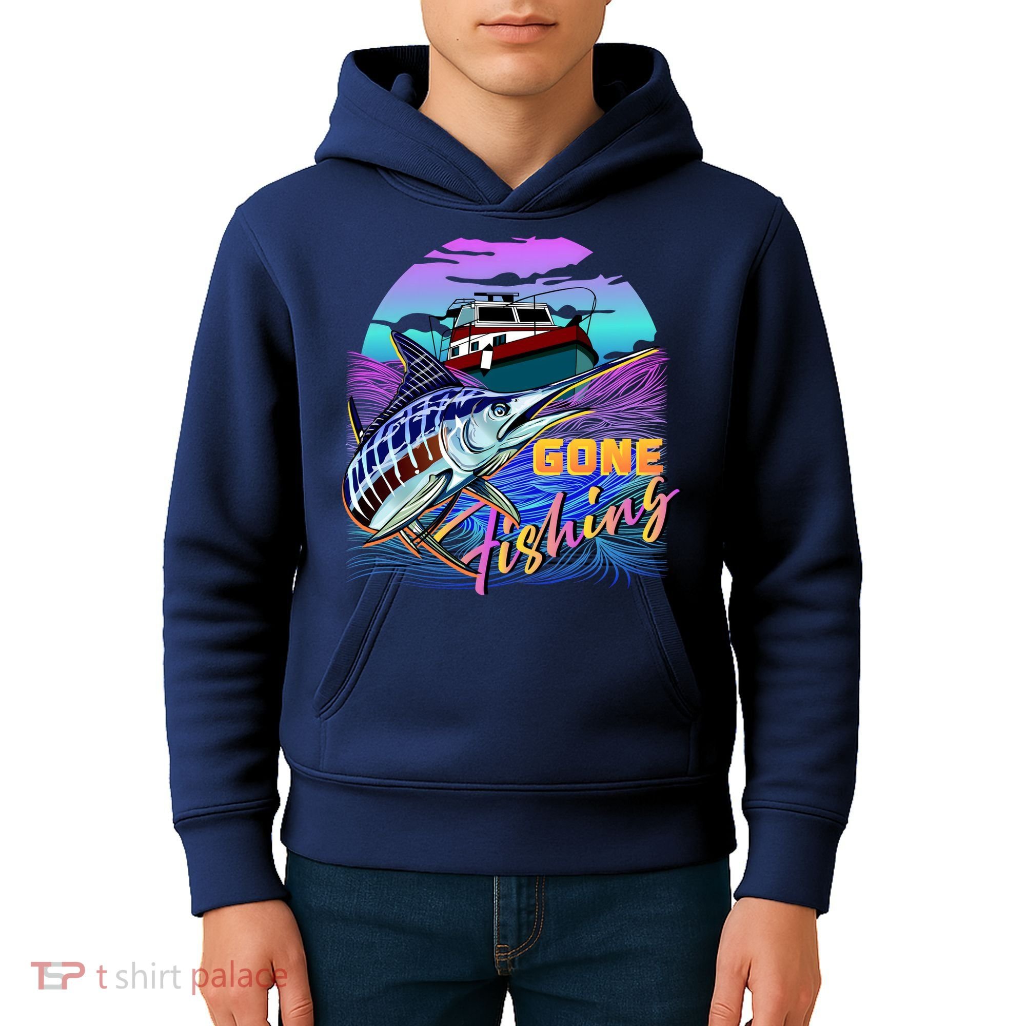 Gone Fishing Marlin Boat Kids Hoodie