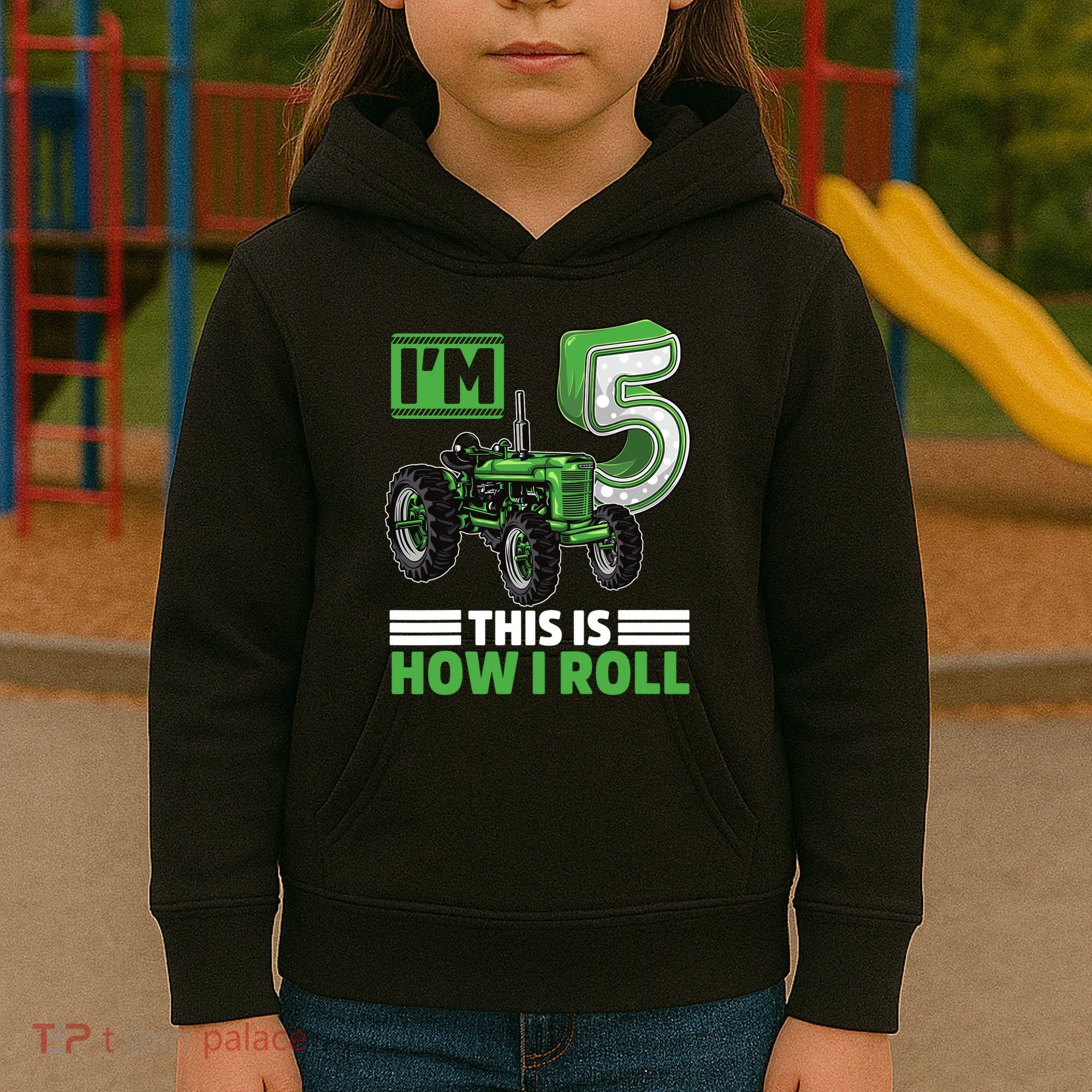 Green Farm Tractor 5th Birthday Party 5 Year Old Farmer Kids Hoodie