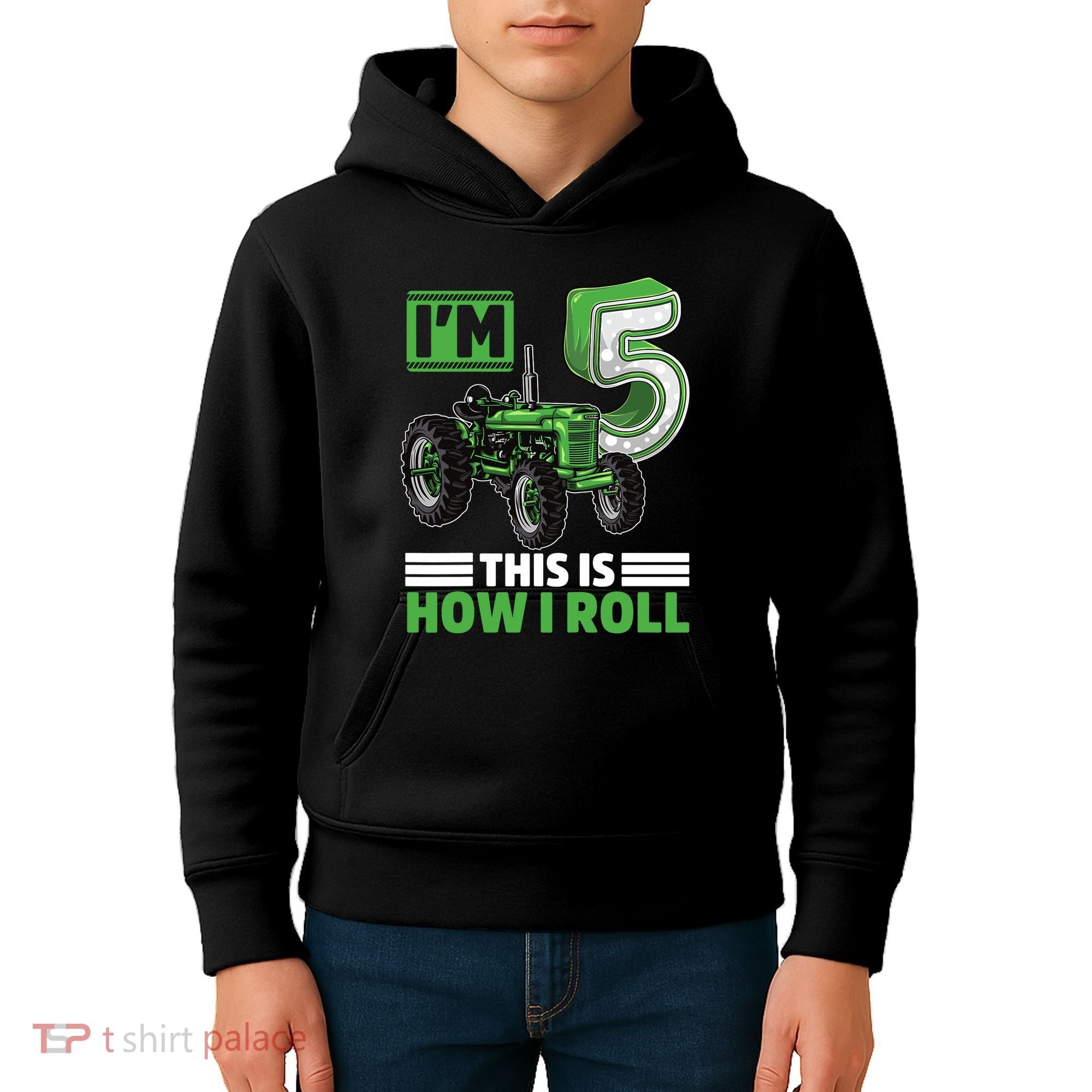 Green Farm Tractor 5th Birthday Party 5 Year Old Farmer Kids Hoodie