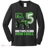 Green Farm Tractor 5th Birthday Party 5 Year Old Farmer Kids Long Sleeve Shirt thumb 0