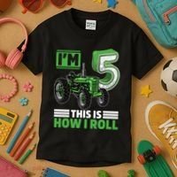 Green Farm Tractor 5th Birthday Party 5 Year Old Farmer Kids T-Shirt thumb 3
