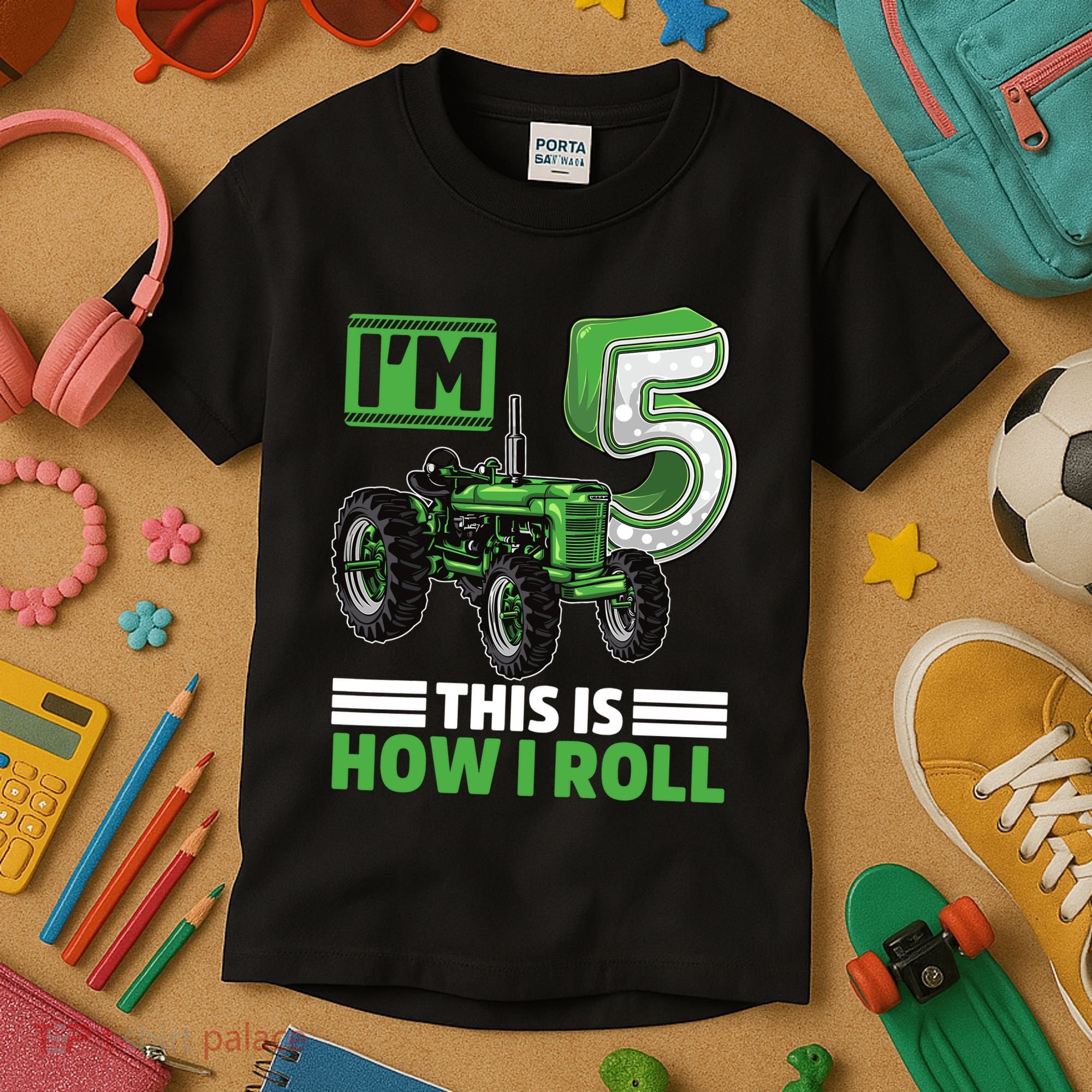 Green Farm Tractor 5th Birthday Party 5 Year Old Farmer Kids T-Shirt