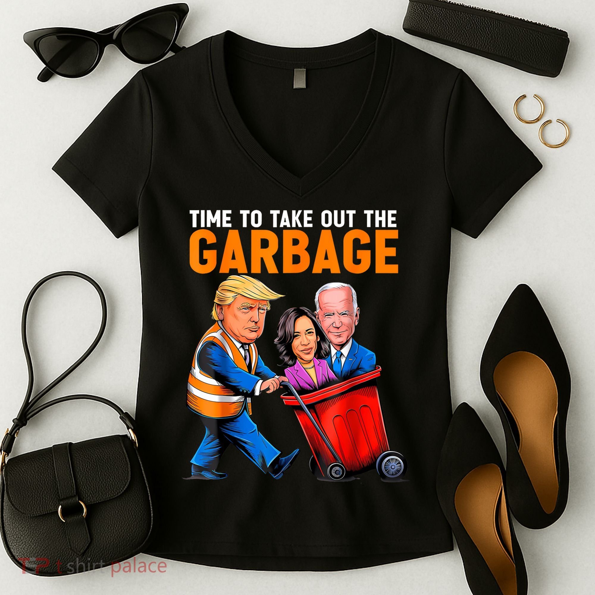 Garbage For Trump 2024 Funny Time To Take Out Garbage Biden Women's V-Neck T-Shirt