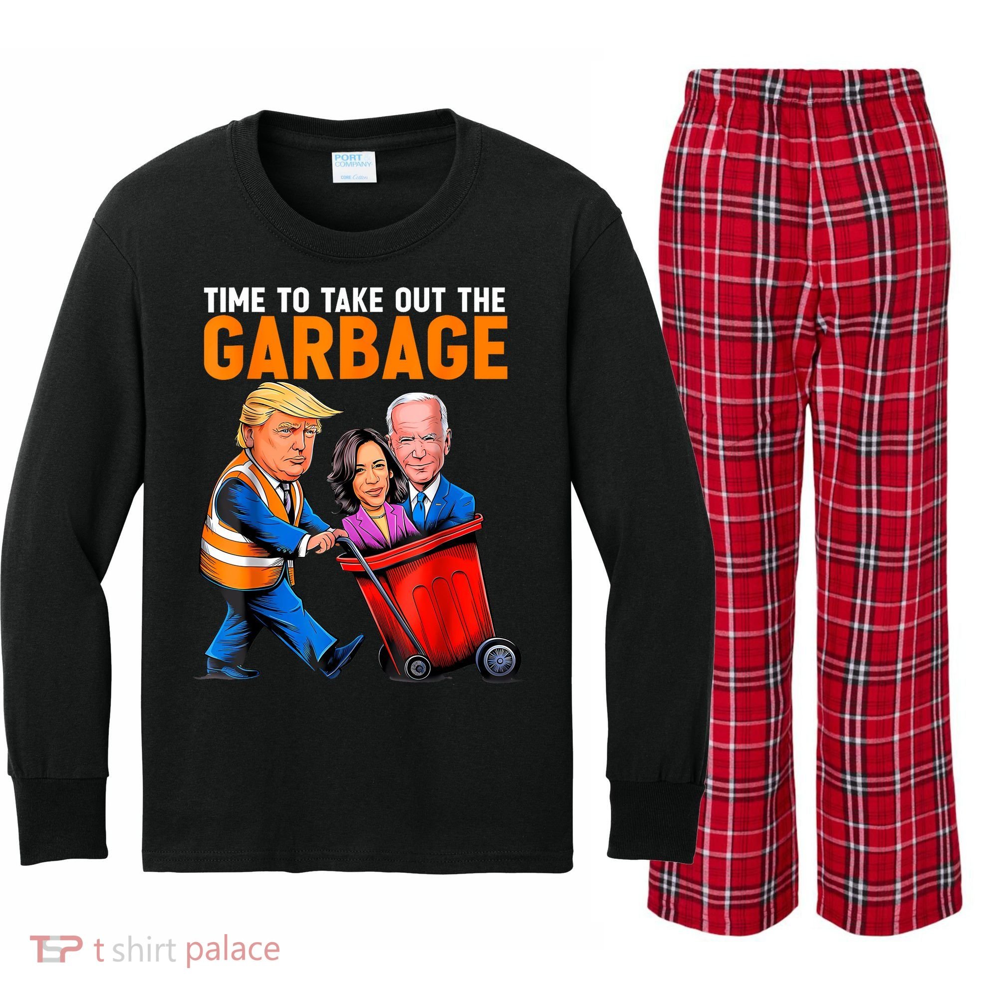 Garbage For Trump 2024 Funny Time To Take Out Garbage Biden Kids Long Sleeve Plaid Pajama Set