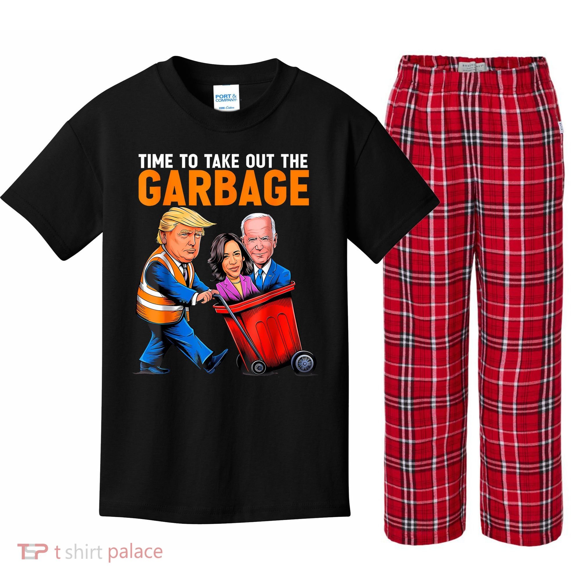 Garbage For Trump 2024 Funny Time To Take Out Garbage Biden Kids Plaid Pajama Set