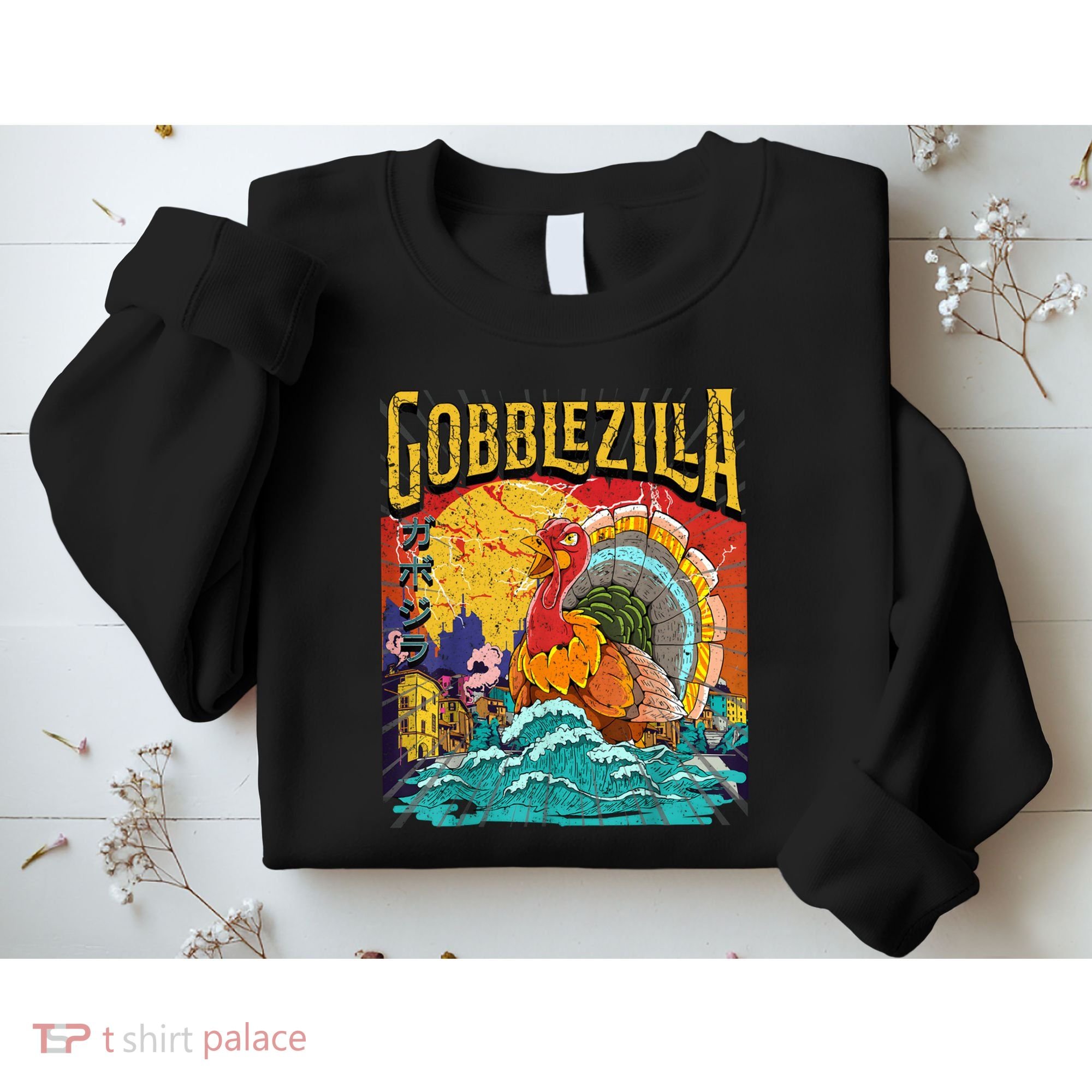 Gobblezila Funny Thanksgiving Monster Movie Spoof Sweatshirt