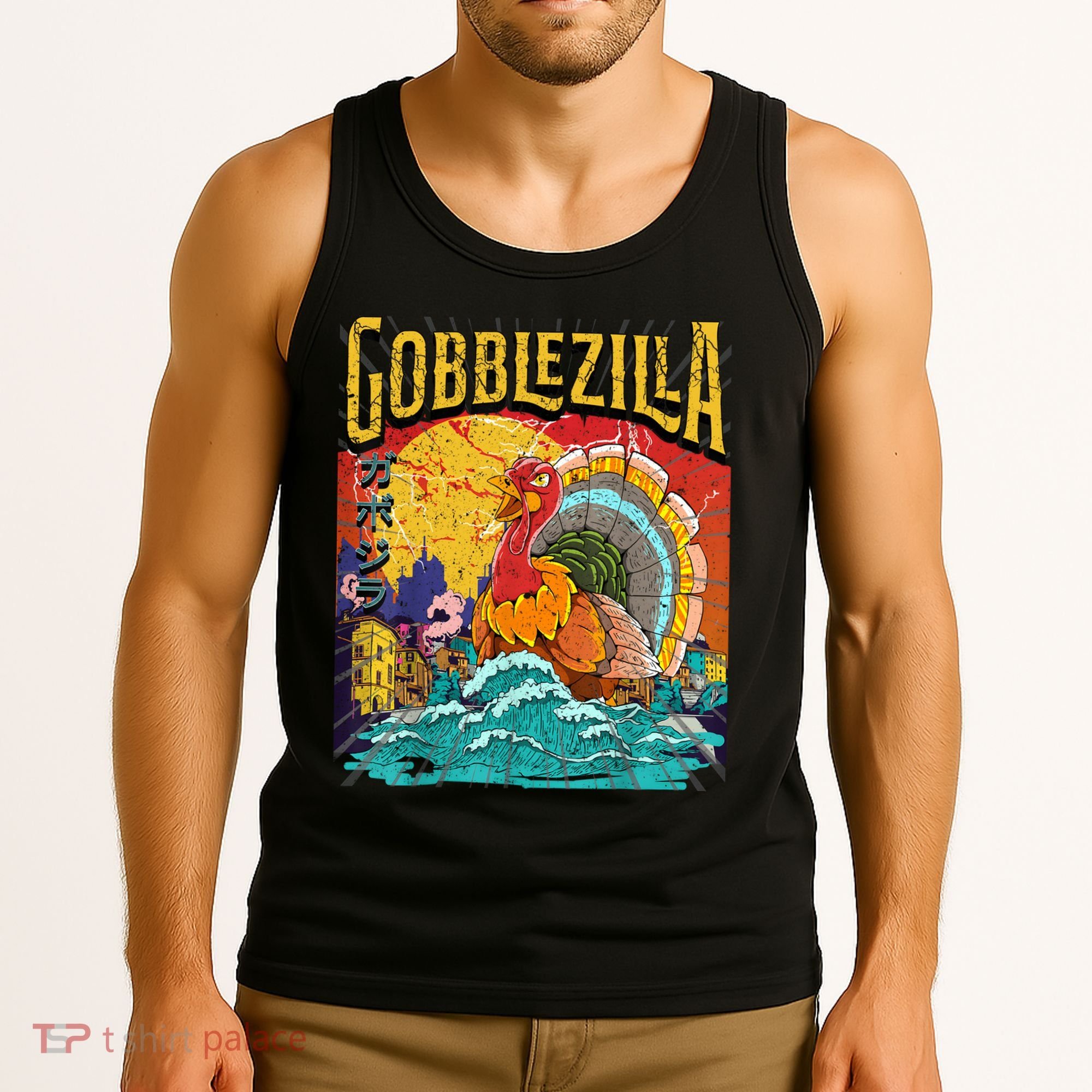 Gobblezila Funny Thanksgiving Monster Movie Spoof Tank Top
