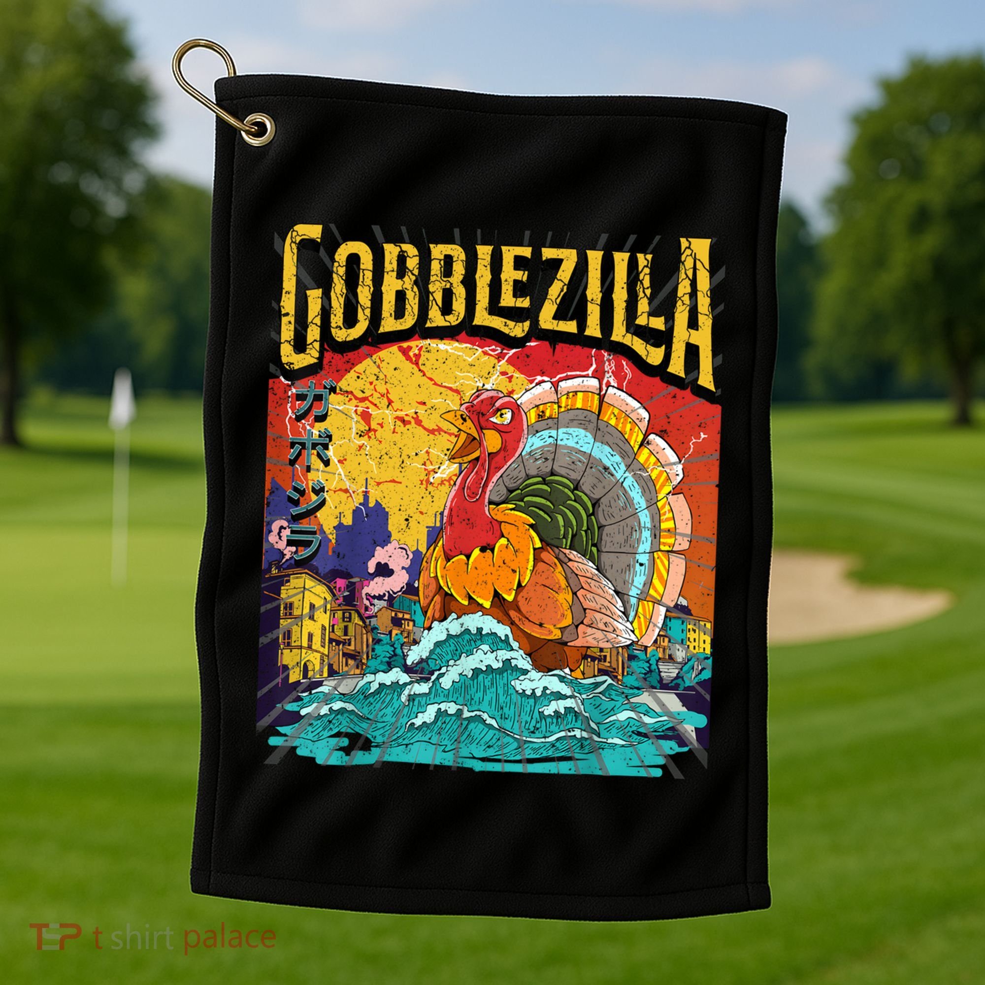 Gobblezila Funny Thanksgiving Monster Movie Spoof Golf Towel