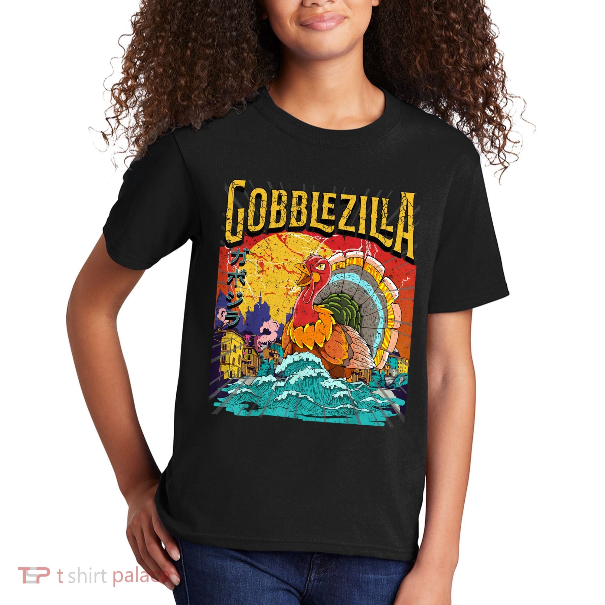 Gobblezila Funny Thanksgiving Monster Movie Spoof Kids T-Shirt