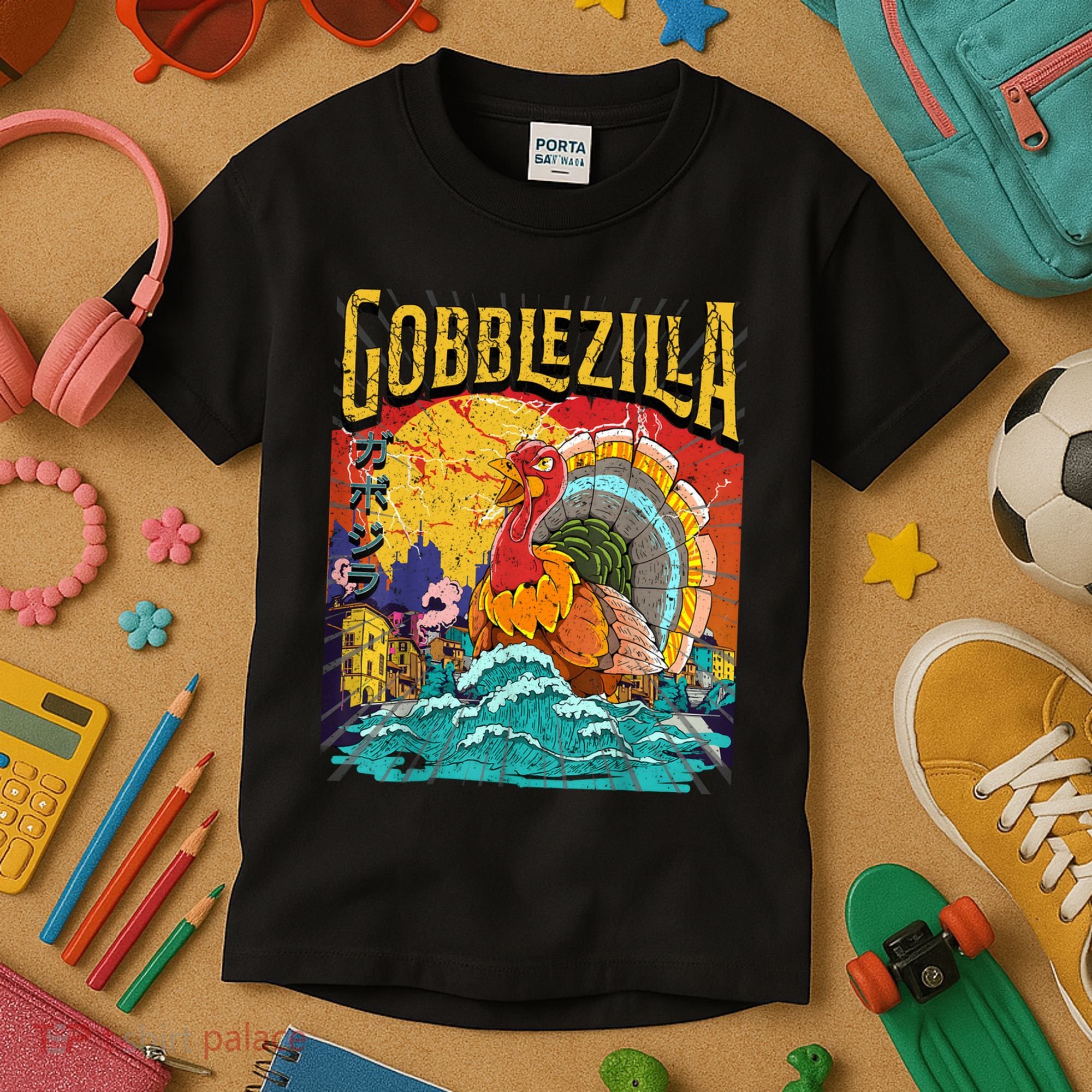 Gobblezila Funny Thanksgiving Monster Movie Spoof Kids T-Shirt