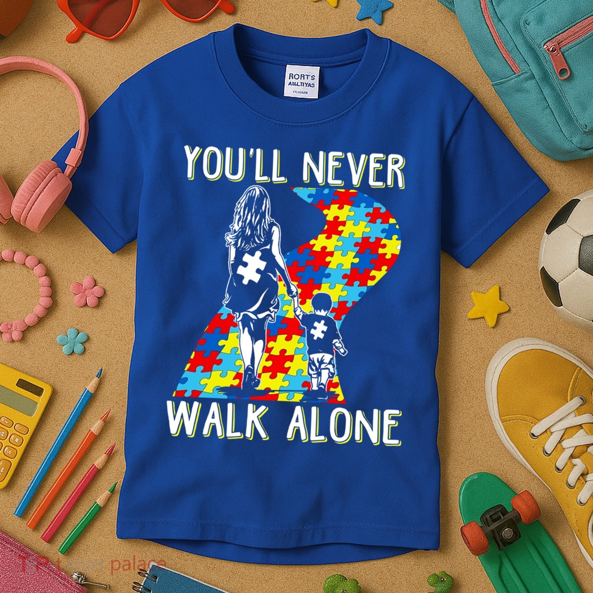Great Gift Autism Mom You Will Never Walk-Alone Support Autism Son  Kids T-Shirt