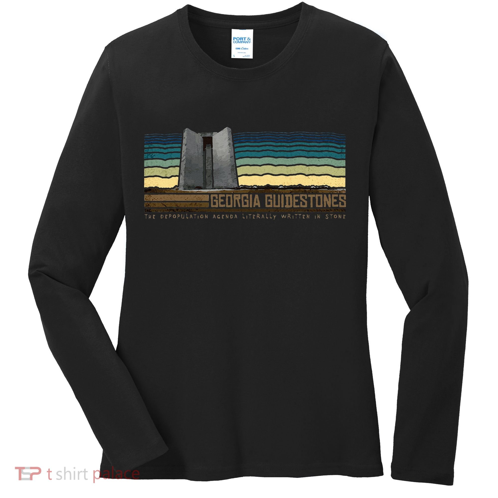 Georgia Guidestones Depopulation Written In Stone Retro Women's Long Sleeve Shirt