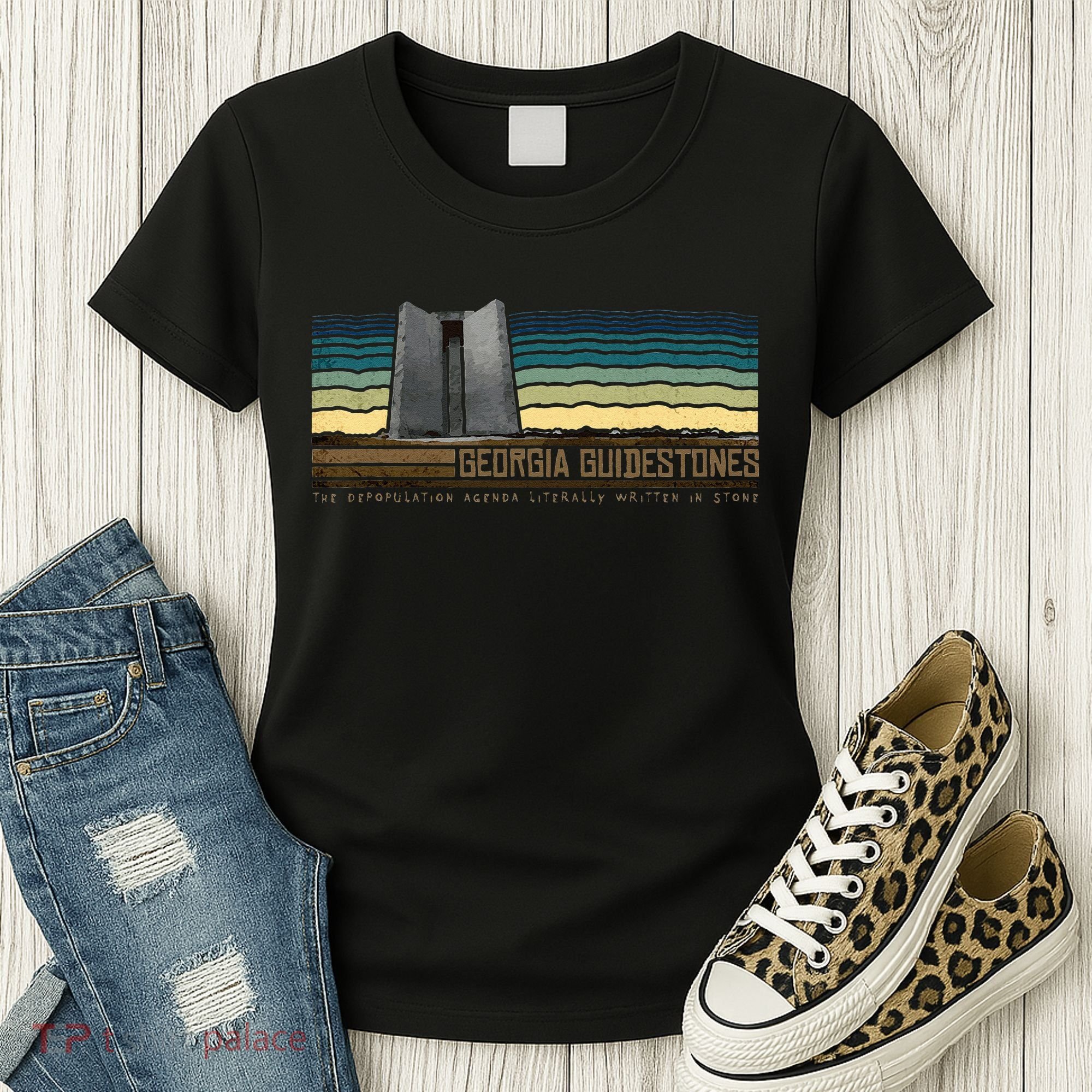 Georgia Guidestones Depopulation Written In Stone Retro Women's T-Shirt