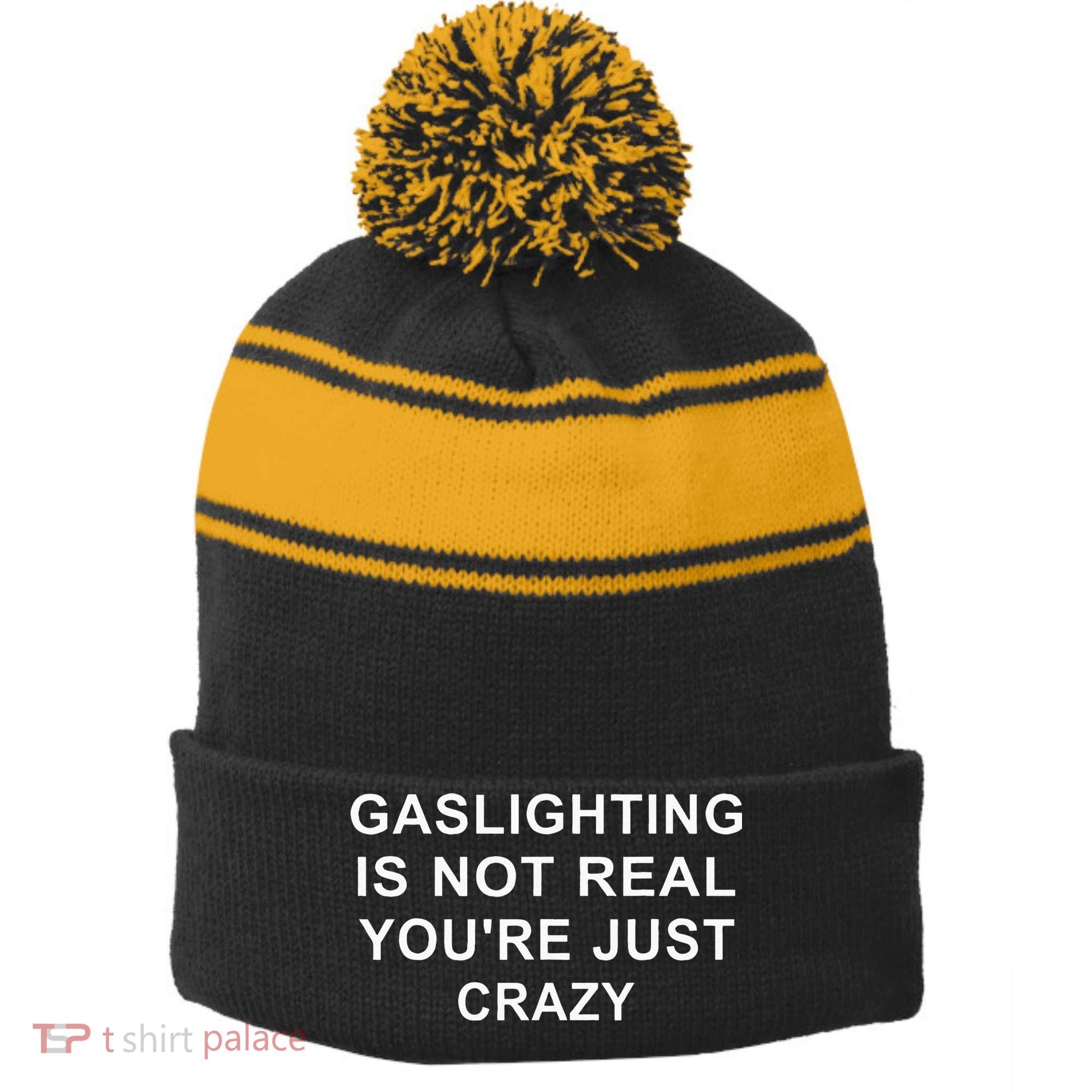Gaslight Gaslighting Gatekeep Is Not Real You Are Crazy Stripe Pom Pom Beanie