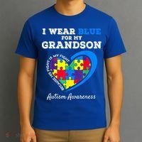 Grandma Grandpa I Wear Blue For My Grandson Autism Awareness T-Shirt thumb 3