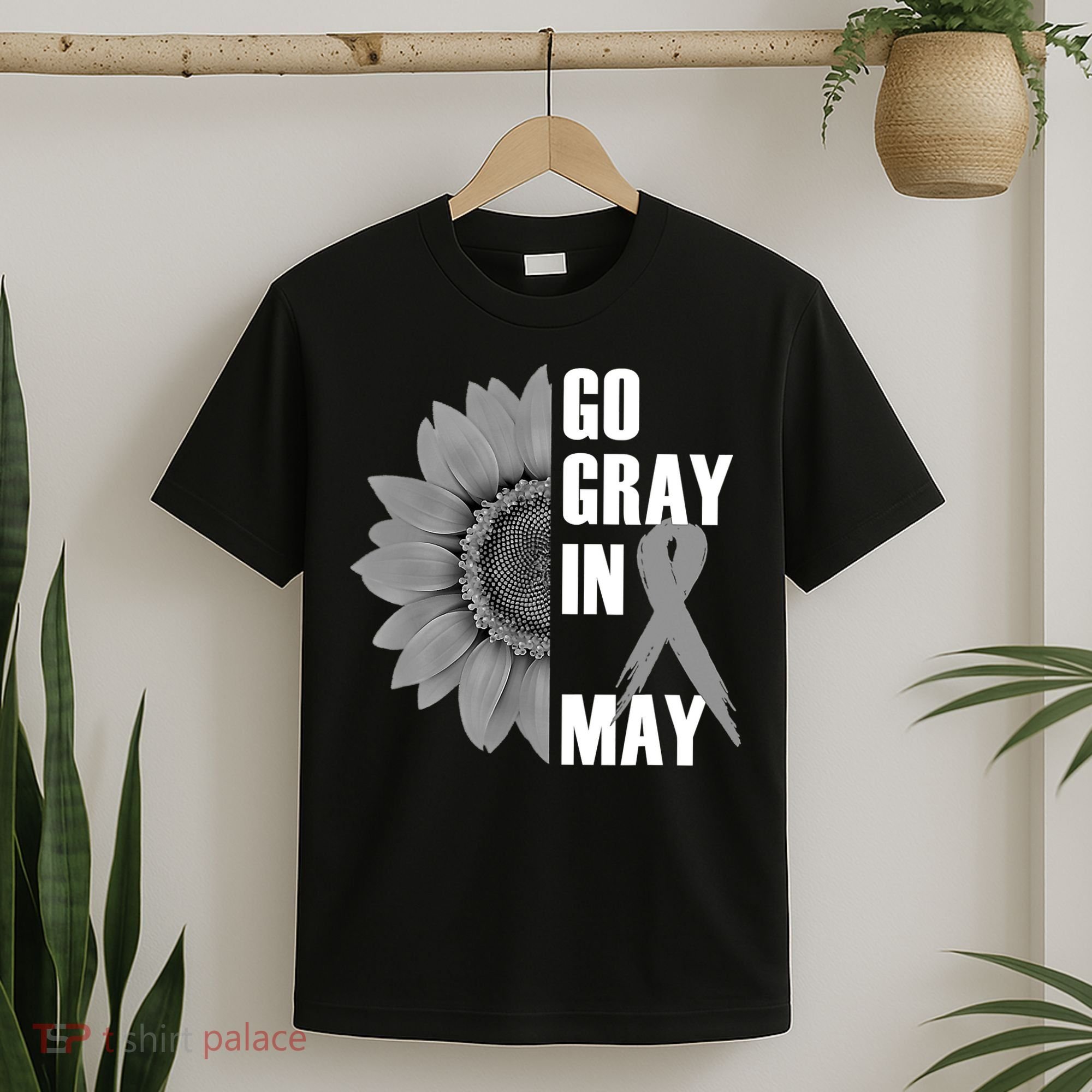 Go Gray In May Brain Cancer Awareness Grey Ribbon Sunflower T-Shirt