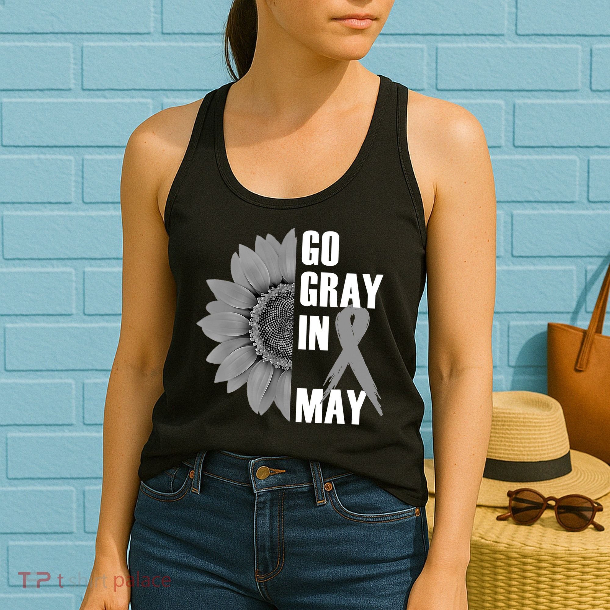 Go Gray In May Brain Cancer Awareness Grey Ribbon Sunflower Women's Tank Top