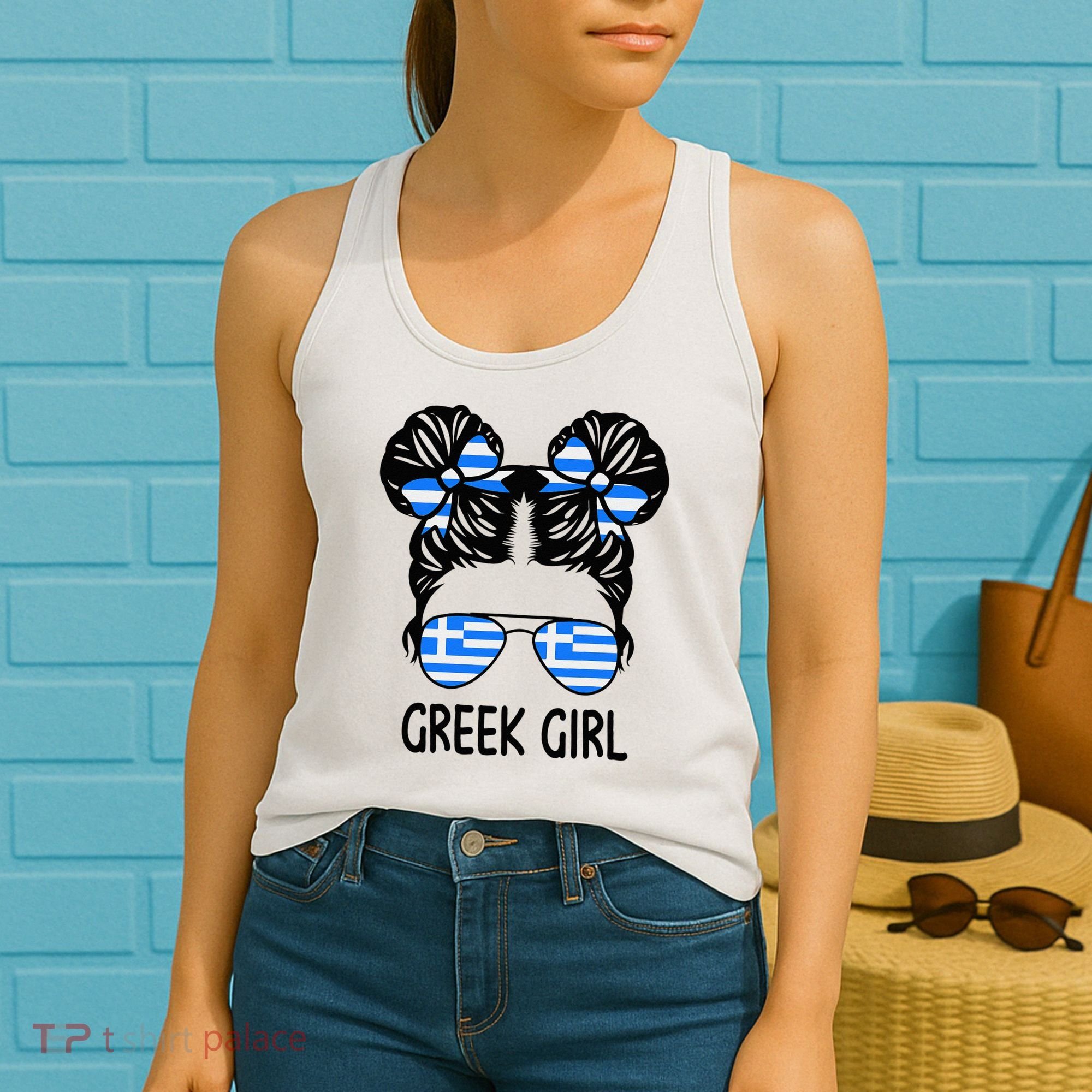 Greek Girl Messy Hair Greece Pride Patriotic Women's Tank Top