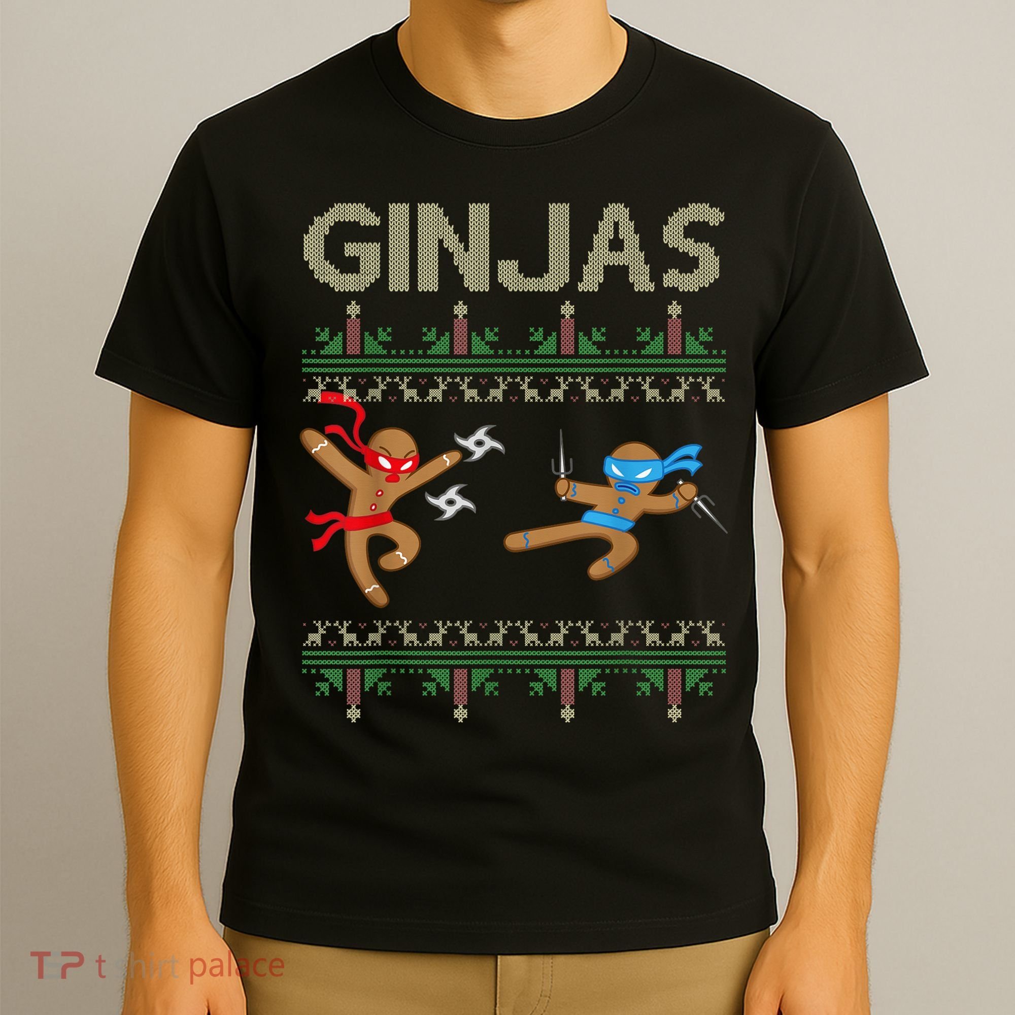 Ginjas Gingerbread Ninjas Throwing Stars Ugly Christmas T-Shirt