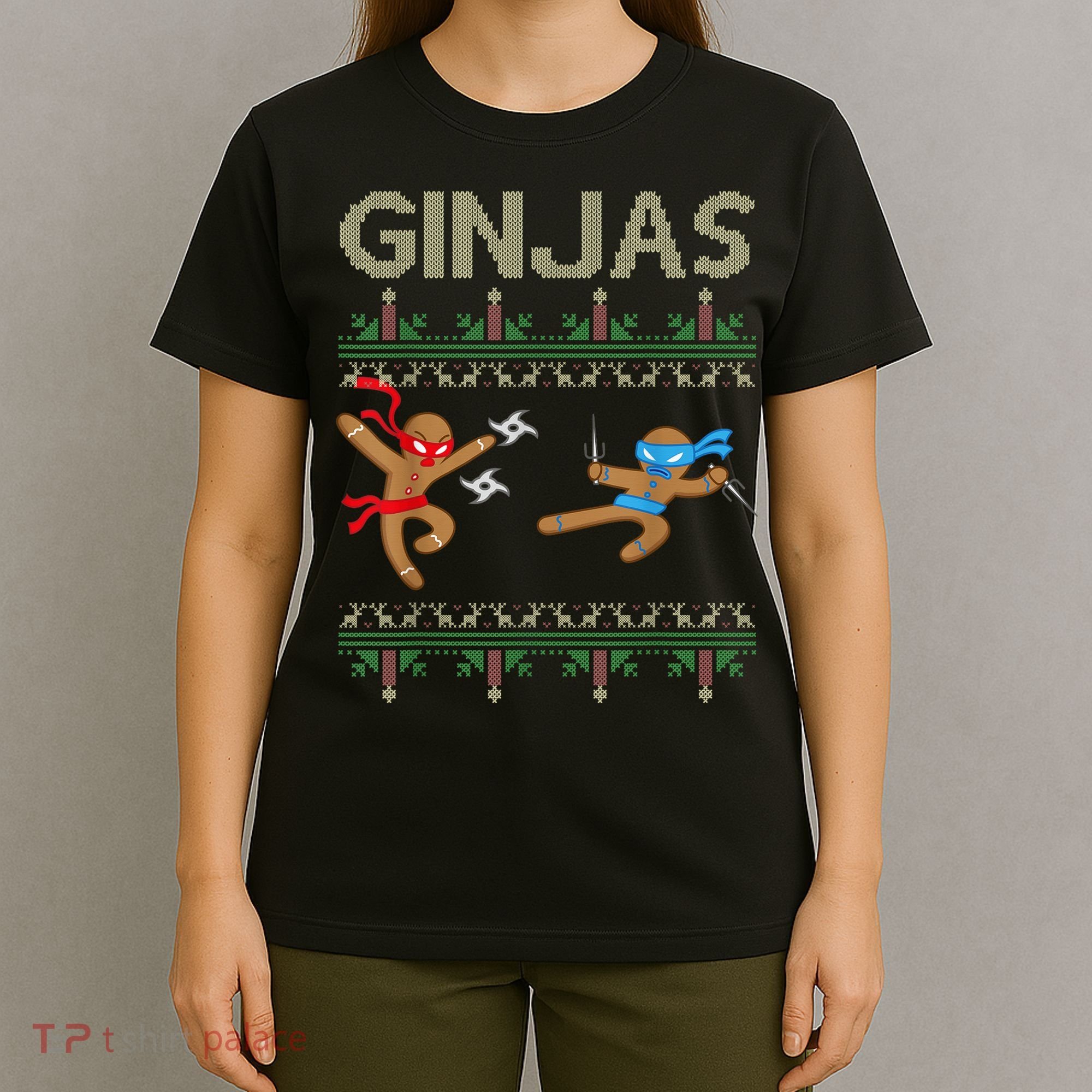 Ginjas Gingerbread Ninjas Throwing Stars Ugly Christmas T-Shirt